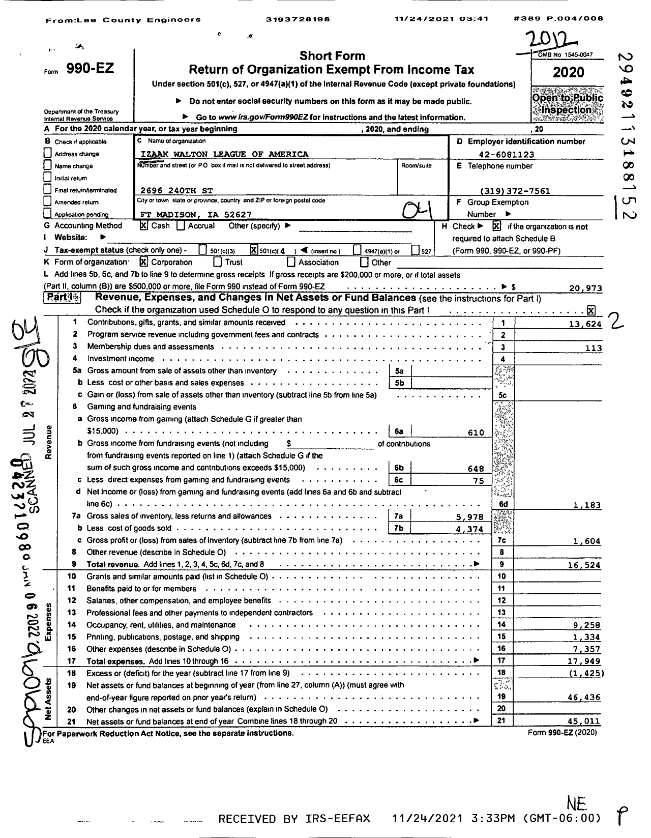 Image of first page of 2020 Form 990EO for Izaak Walton League of America Green Bay Chapter