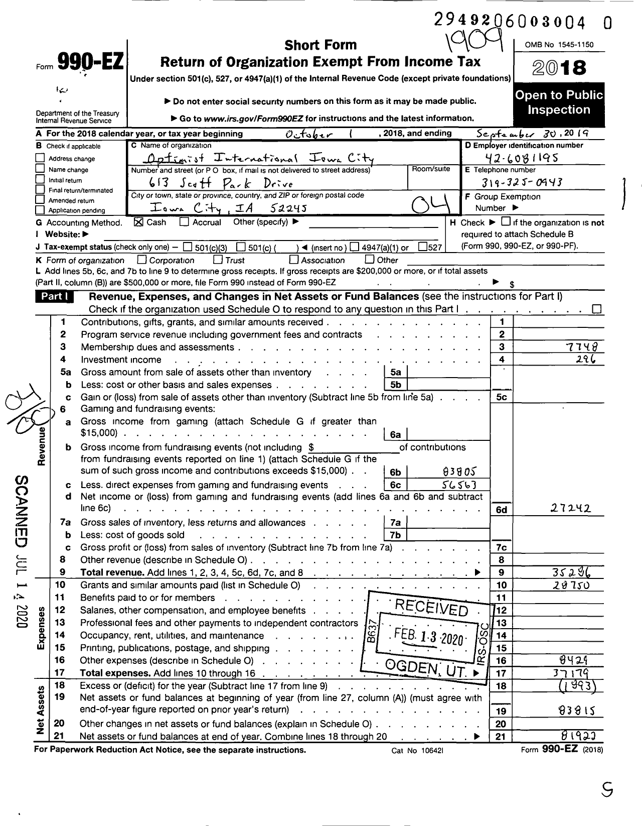 Image of first page of 2018 Form 990EO for Optimist International - 40075 Oc of Iowa City Ia