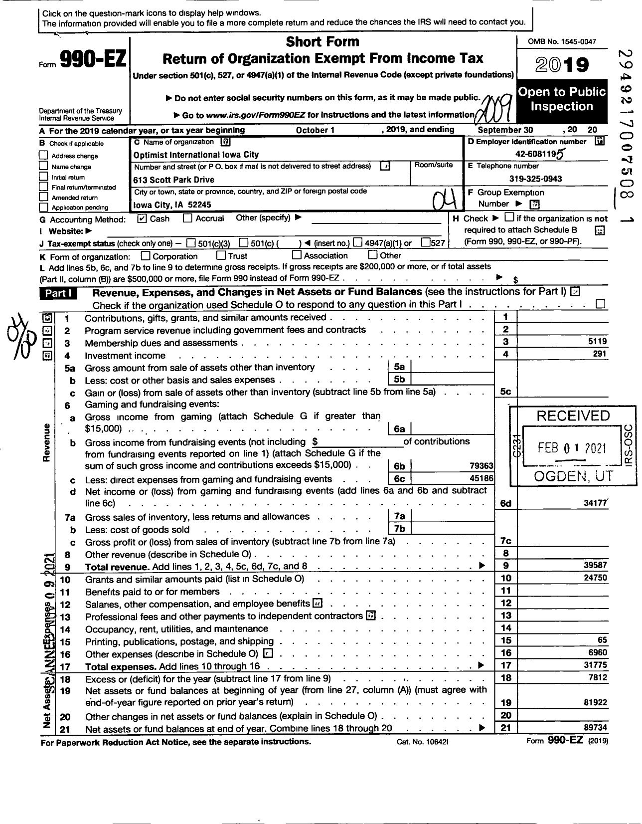 Image of first page of 2019 Form 990EO for Optimist International - 40075 Oc of Iowa City Ia