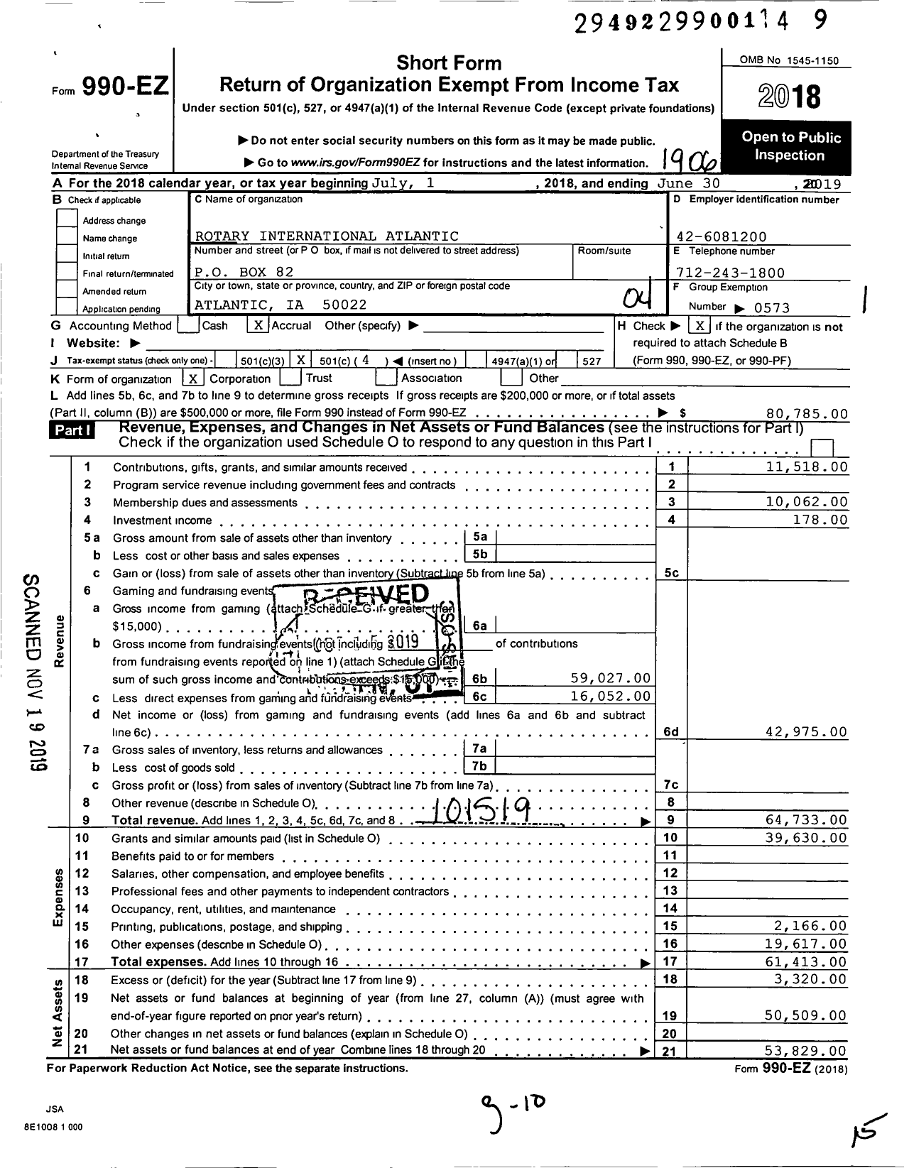 Image of first page of 2018 Form 990EO for Rotary International - Atlantic