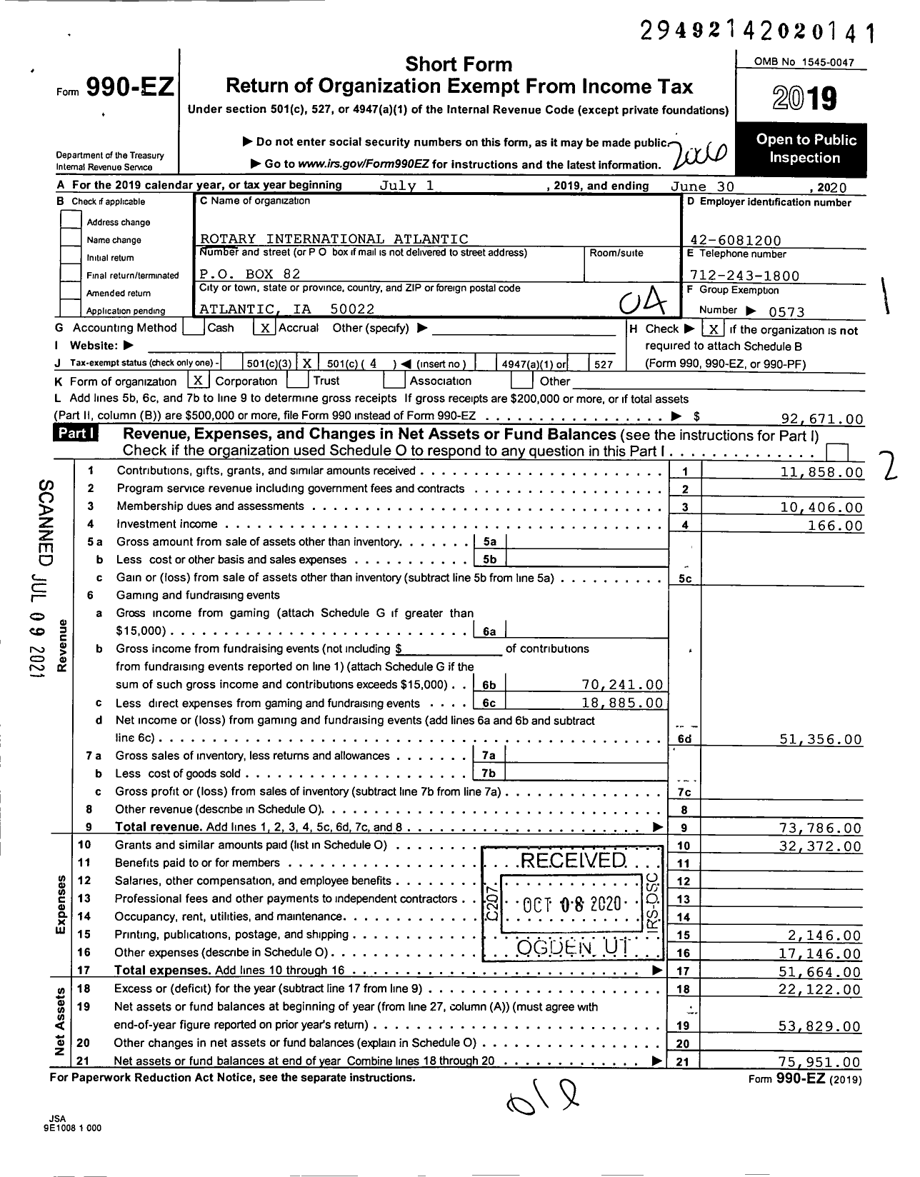 Image of first page of 2019 Form 990EO for Rotary International - Atlantic