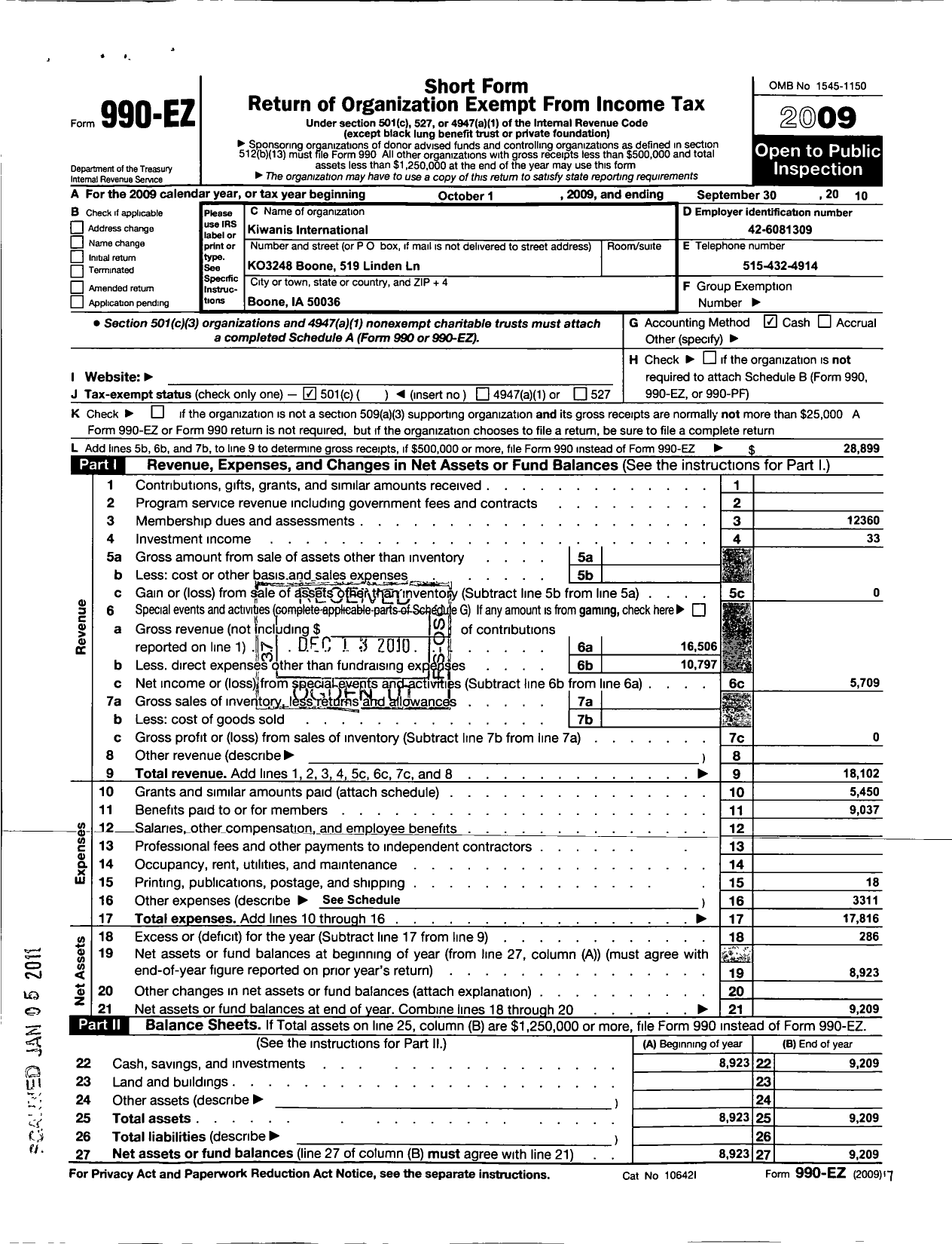 Image of first page of 2009 Form 990EO for Kiwanis Club of Boone Iowa