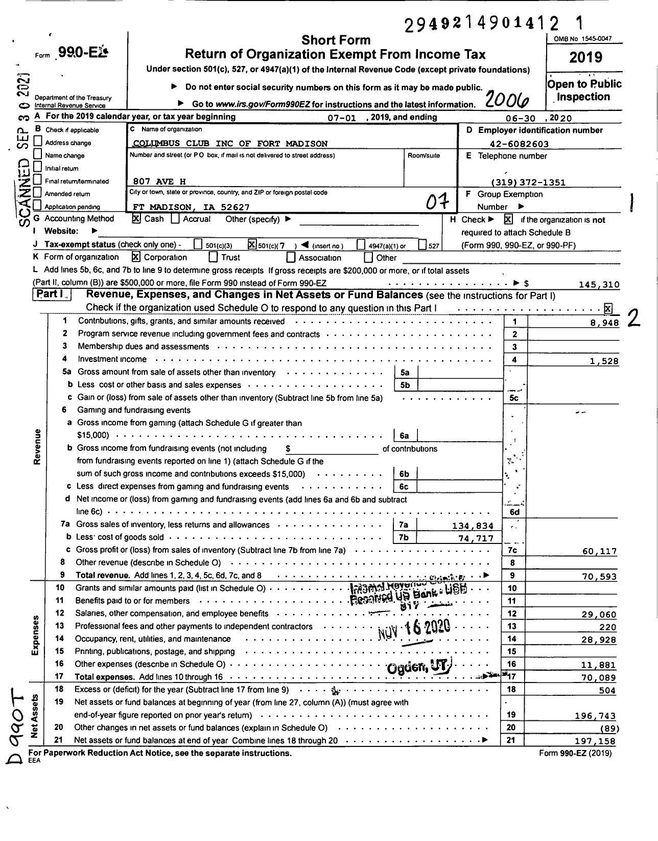 Image of first page of 2019 Form 990EO for Columbus Club of Fort Madison