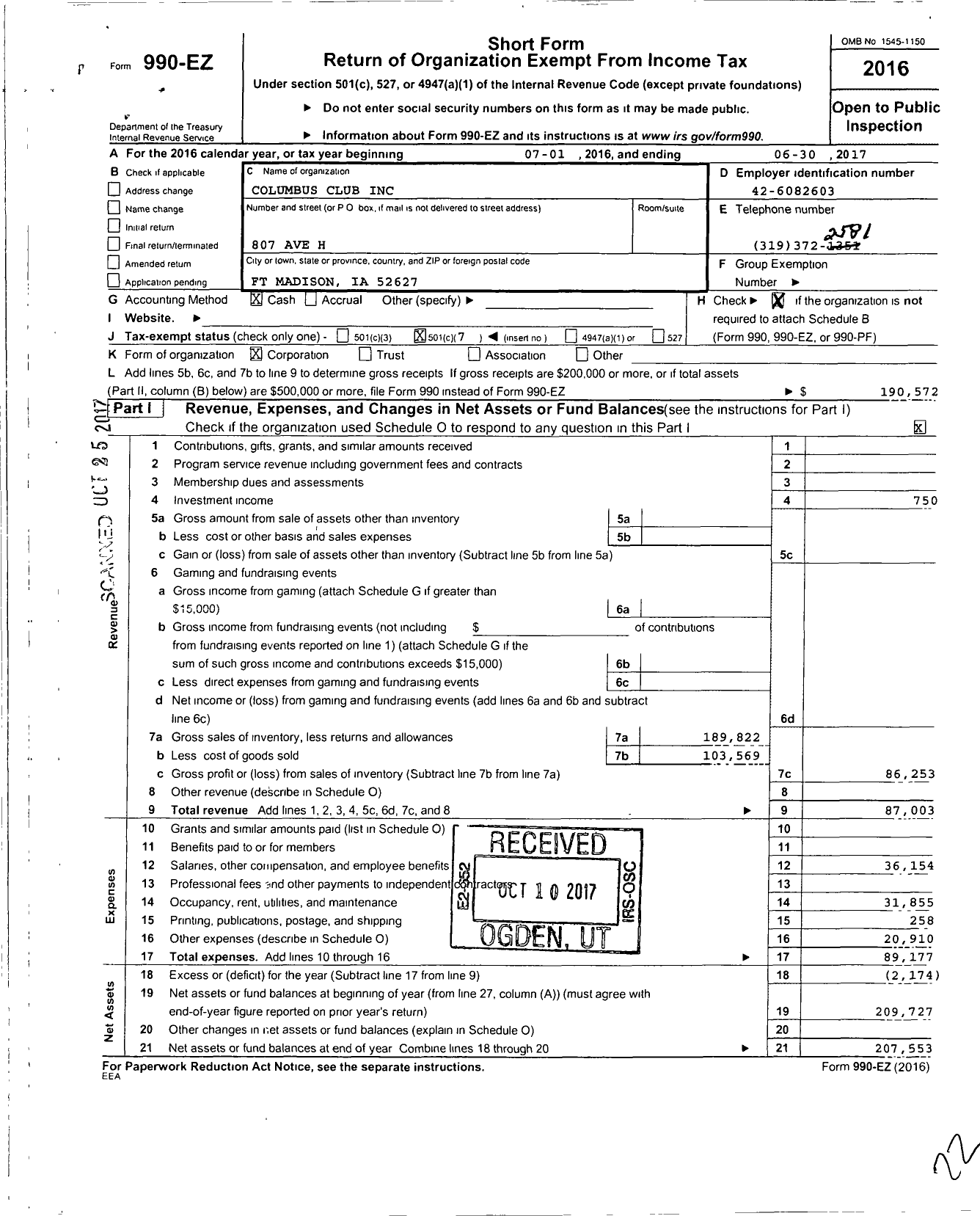 Image of first page of 2016 Form 990EO for Columbus Club of Fort Madison