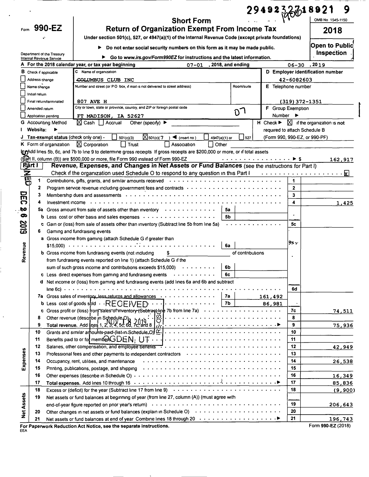 Image of first page of 2018 Form 990EO for Columbus Club of Fort Madison