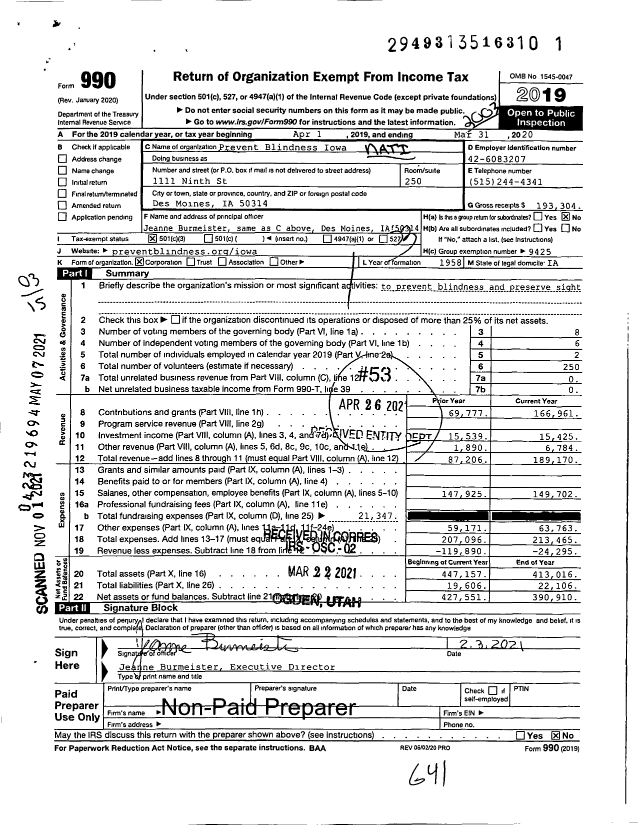 Image of first page of 2019 Form 990 for Prevent Blindness Iowa