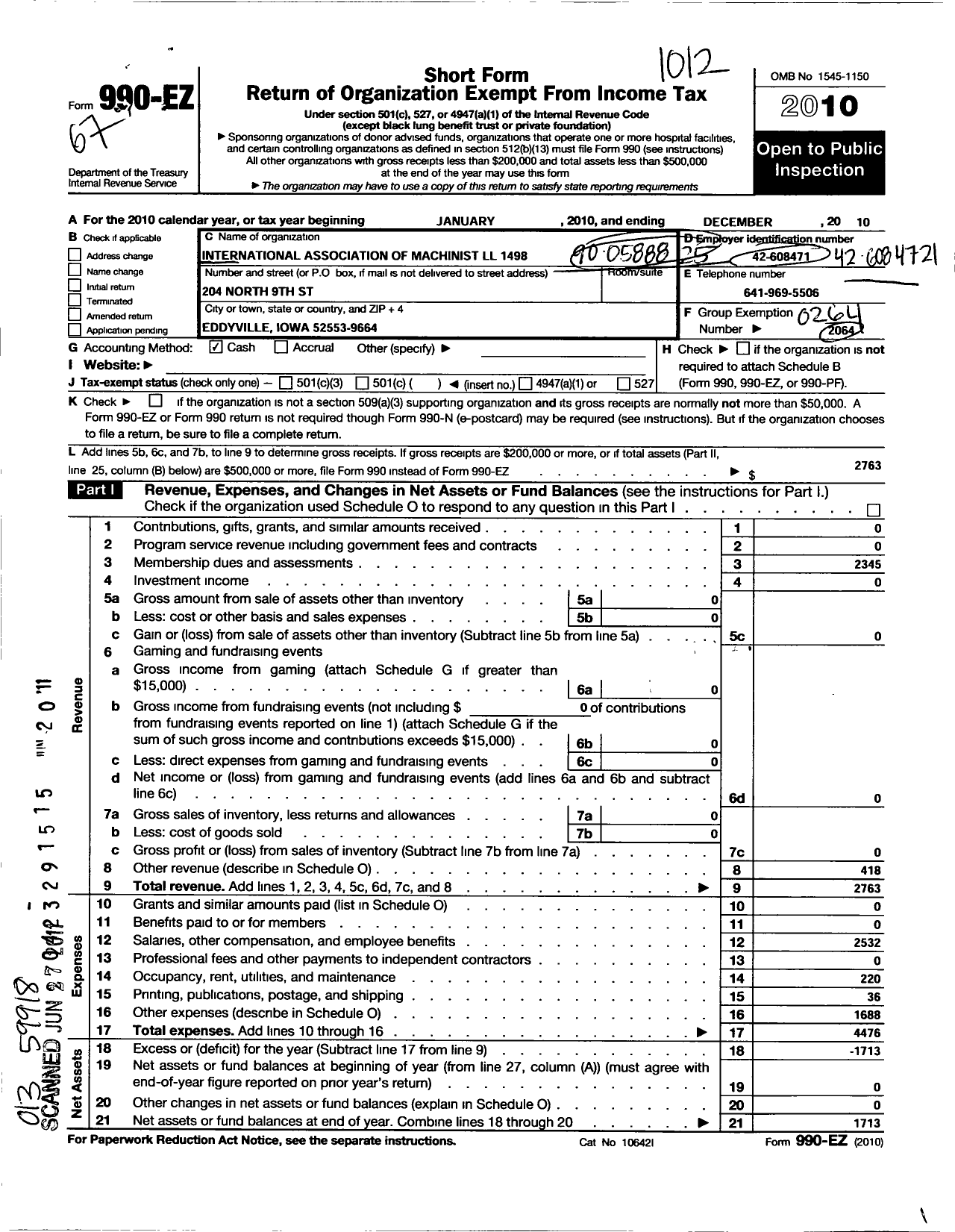 Image of first page of 2010 Form 990EO for International Association of Machinists and Aerospace Workers - 1498 LL