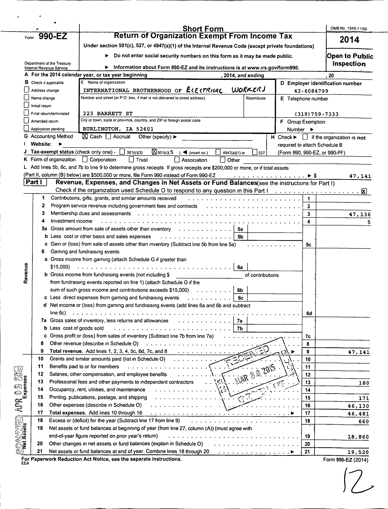 Image of first page of 2014 Form 990EO for International Brotherhood of Electrical Workers - 452 Local Union