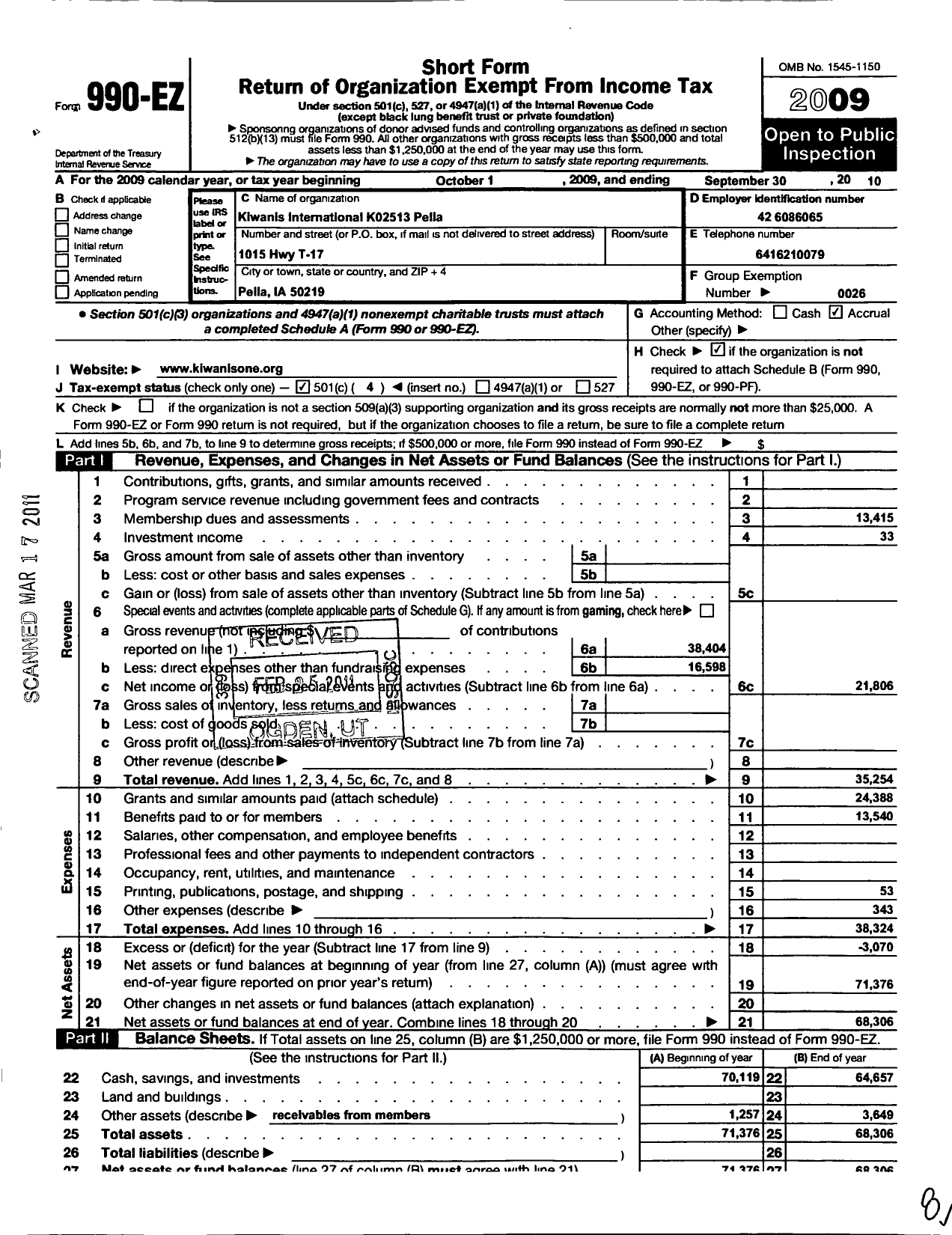 Image of first page of 2009 Form 990EO for Kiwanis International - K02513 Pella