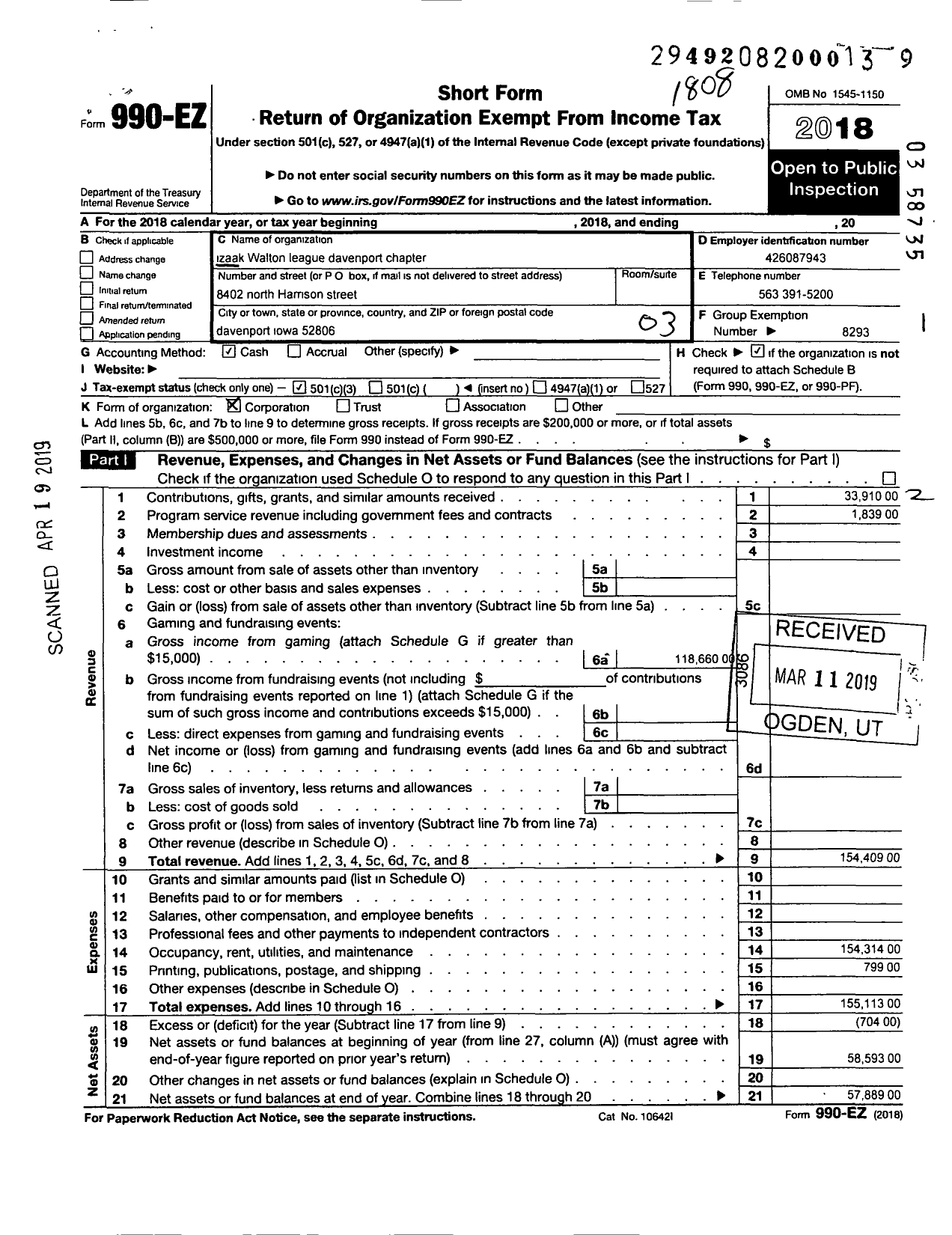 Image of first page of 2018 Form 990EZ for Izaak Walton League of America - Davenport Chapter