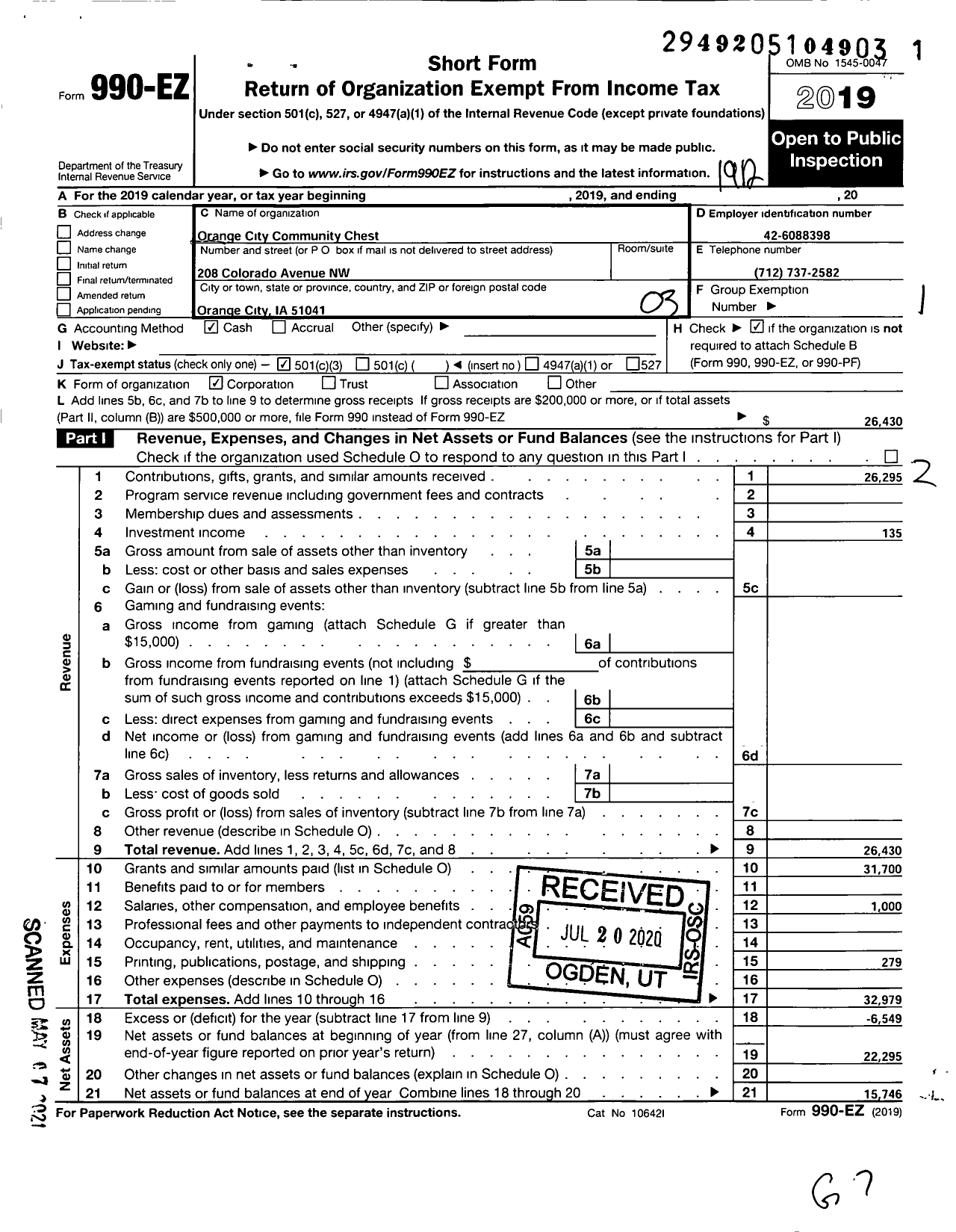 Image of first page of 2019 Form 990EZ for Orange City Community Chest