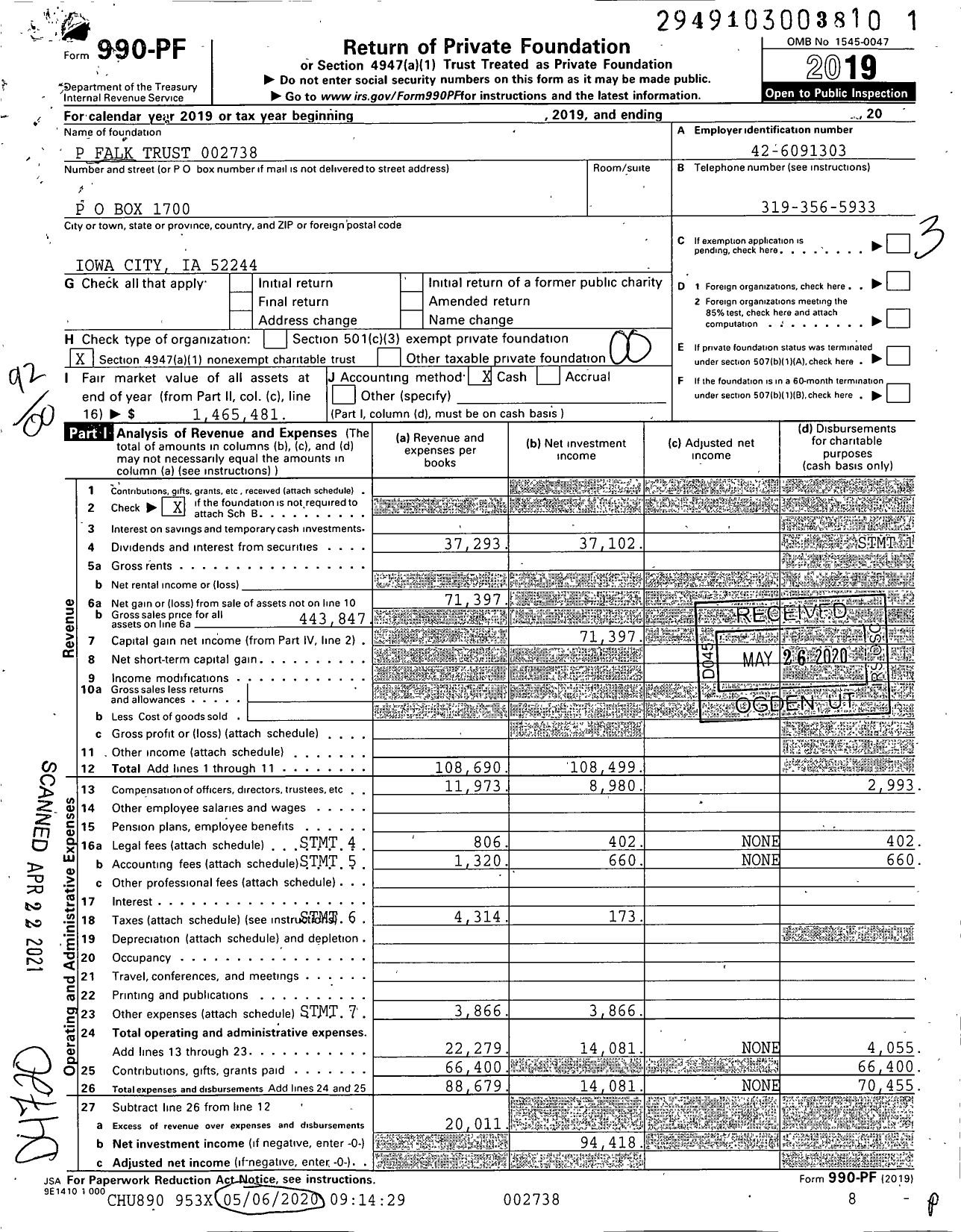 Image of first page of 2019 Form 990PF for P Falk Trust 002738