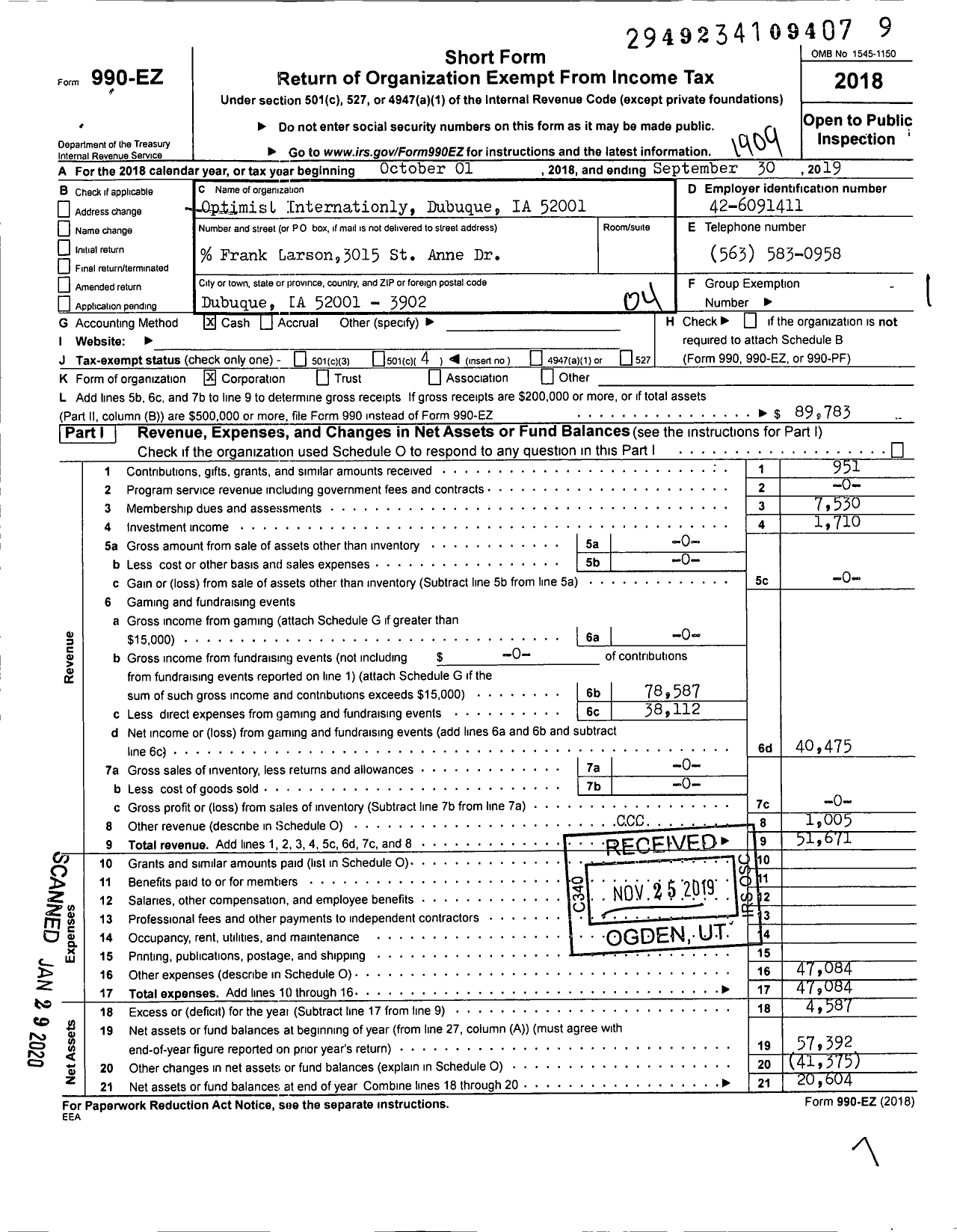 Image of first page of 2018 Form 990EO for Optimist International - 40055 Oc of Dubuque IA