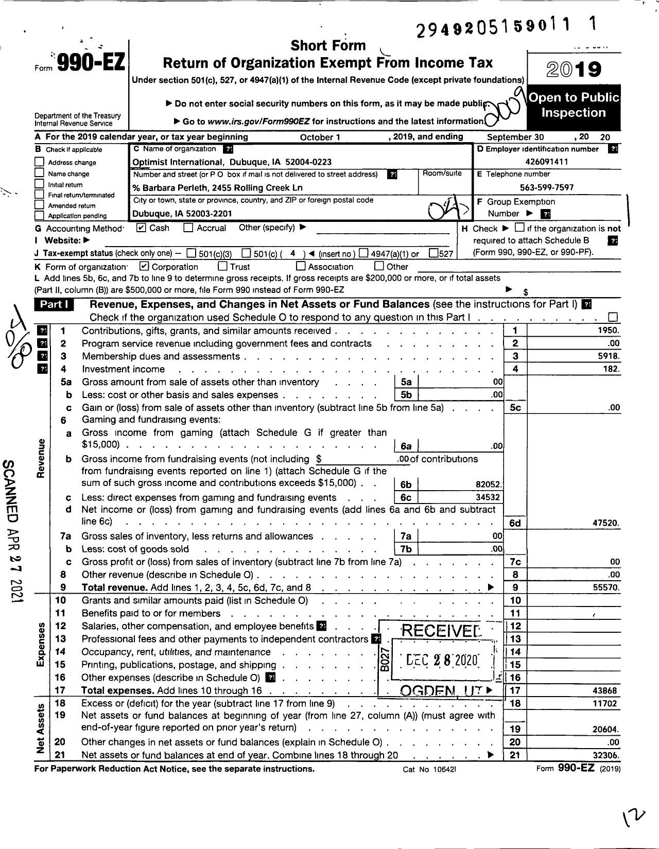 Image of first page of 2019 Form 990EO for Optimist International - 40055 Oc of Dubuque IA