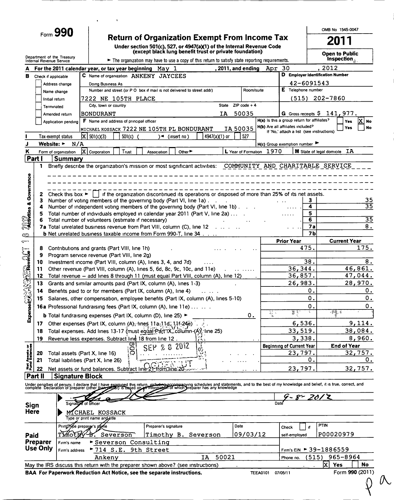 Image of first page of 2011 Form 990 for United States Junior Chamber of Commerce / Ankeny Jaycees