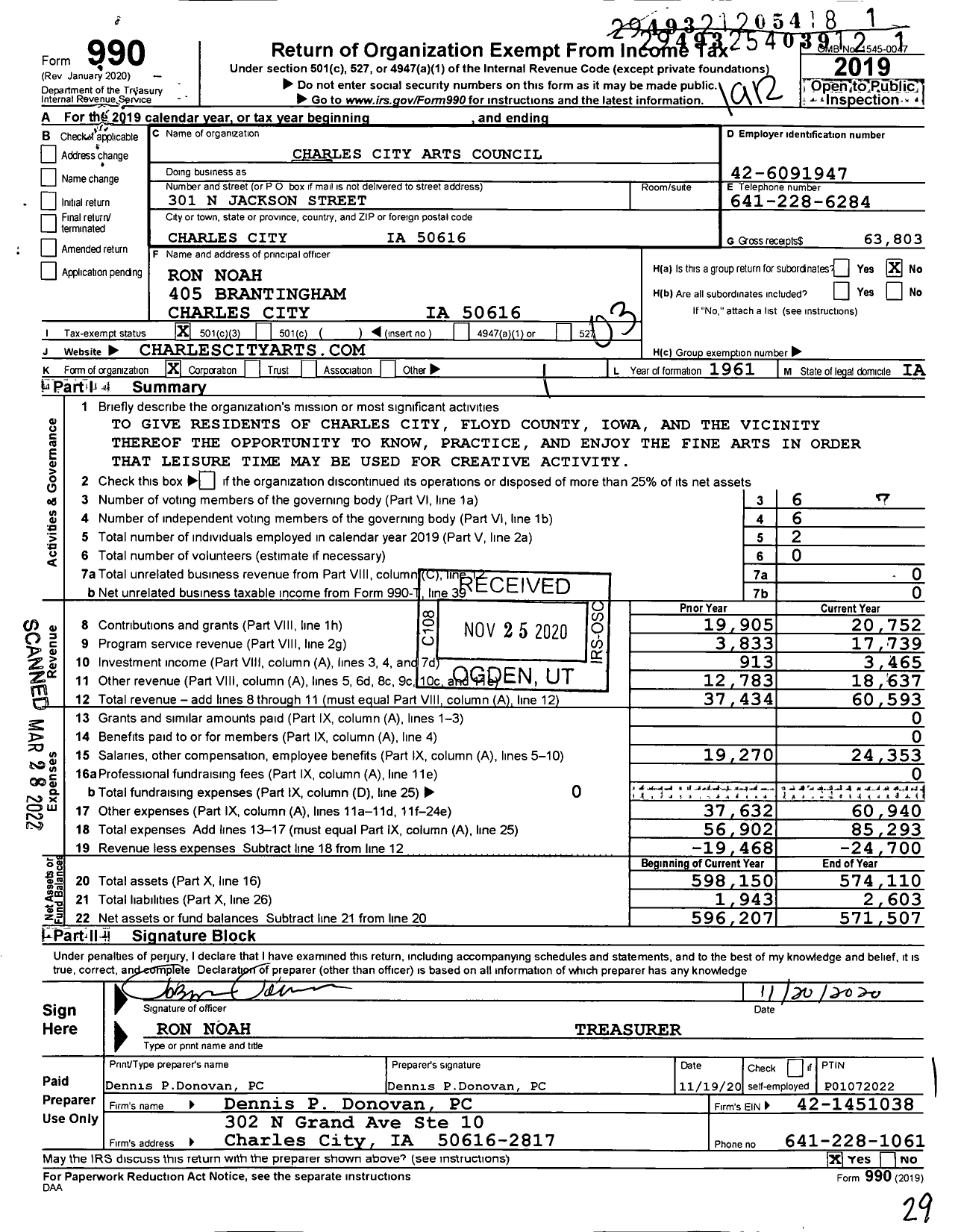 Image of first page of 2019 Form 990 for Charles City Arts Council