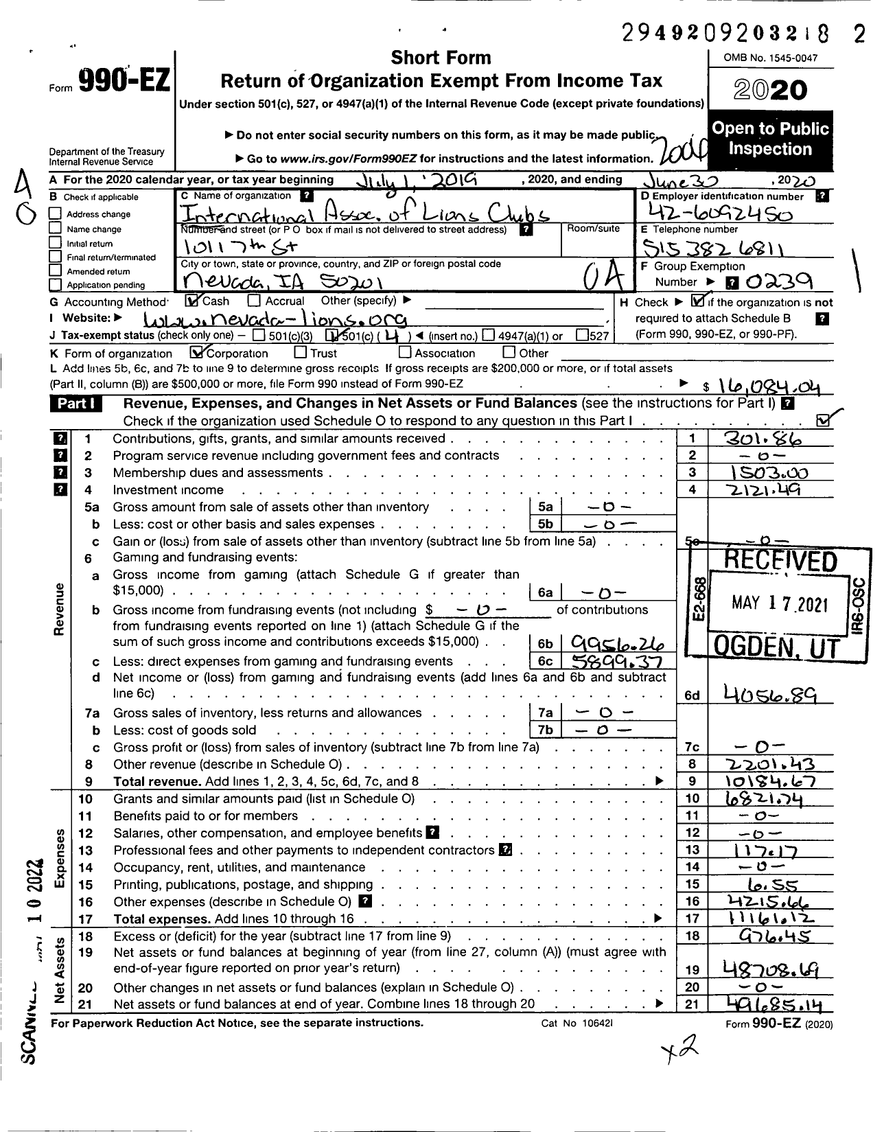 Image of first page of 2019 Form 990EO for Lions Clubs - 4291 Nevada