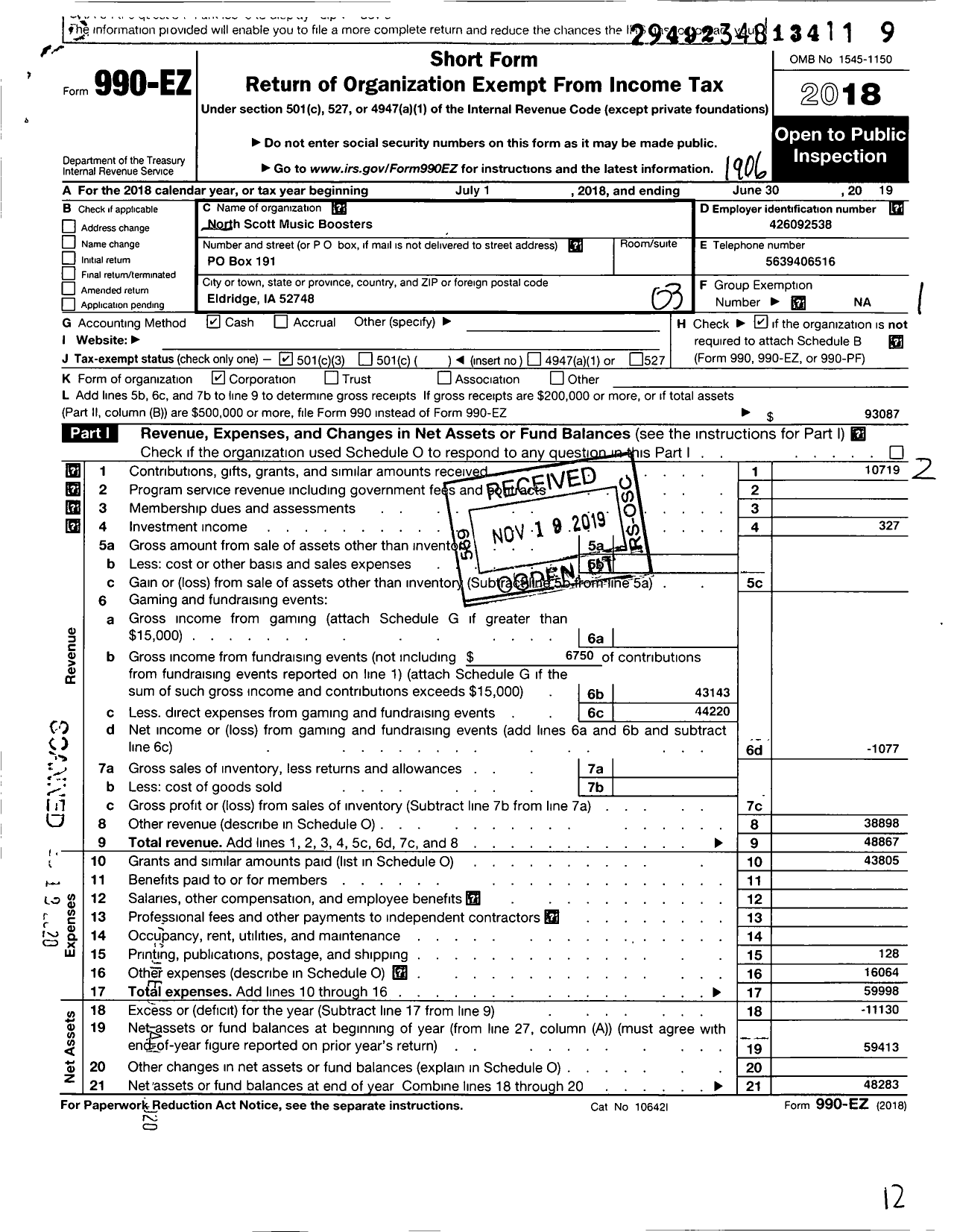 Image of first page of 2018 Form 990EZ for North Scott Music Boosters Incorporated