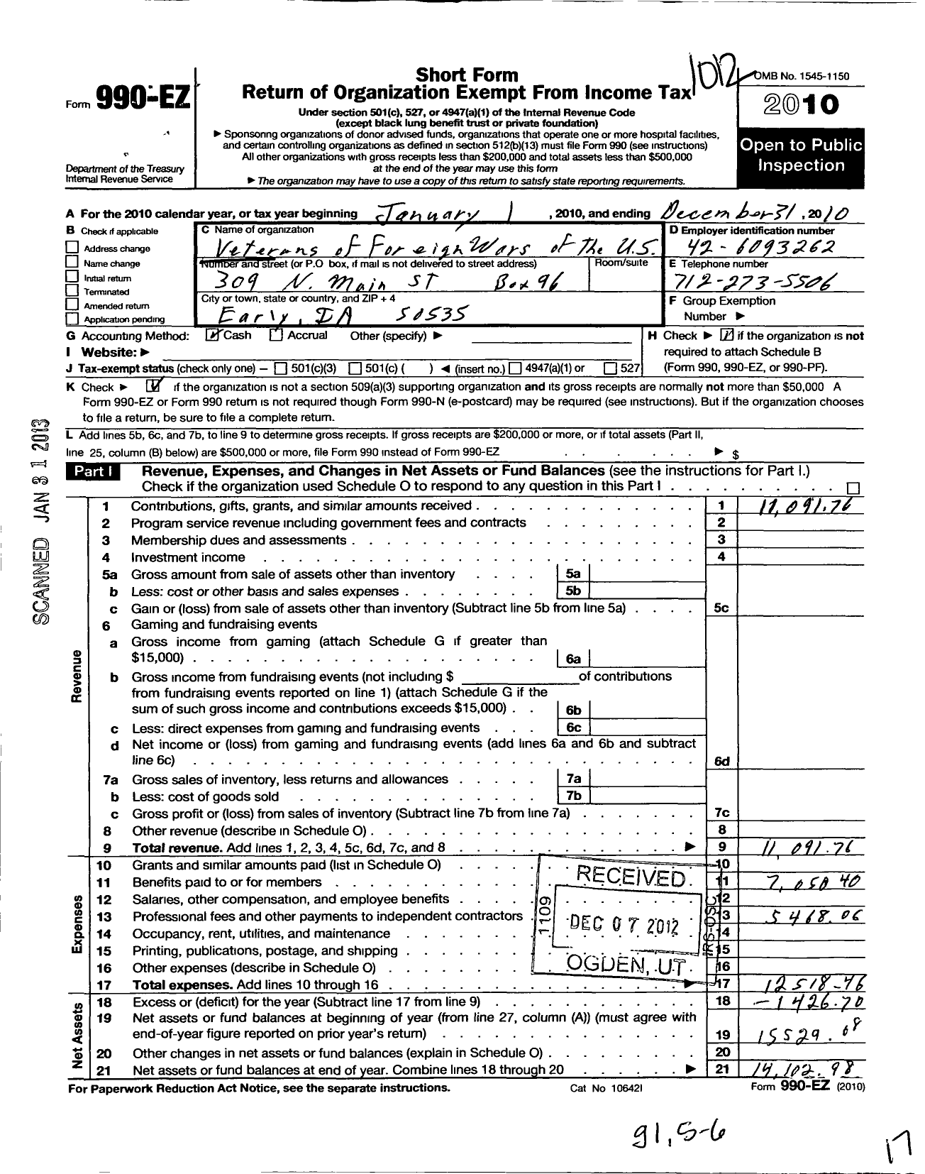 Image of first page of 2010 Form 990EO for Veterans of Foreign Wars of the United States Dept of Iowa - 6172 Vfw-Iowa Alta