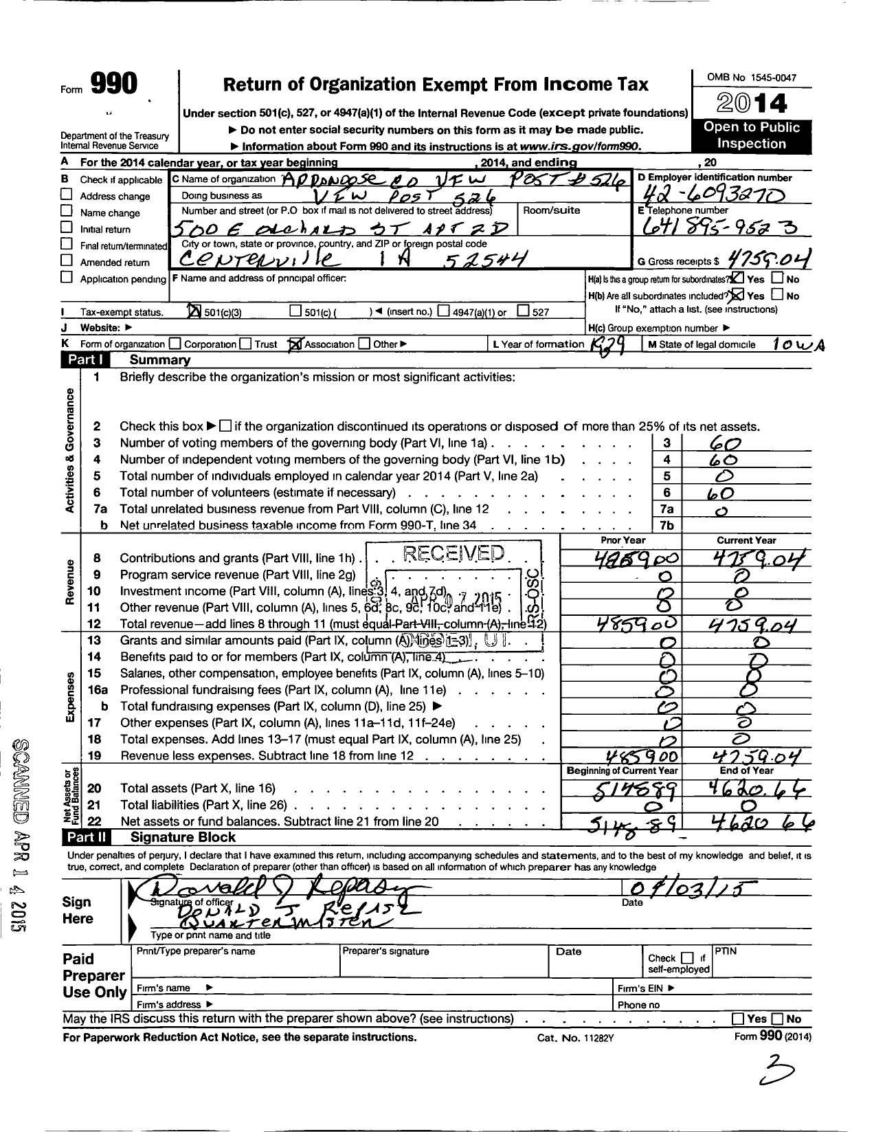 Image of first page of 2014 Form 990 for Veterans of Foreign Wars of the United States Dept of Iowa - 0526 Vfw-Iowa Appanoose County