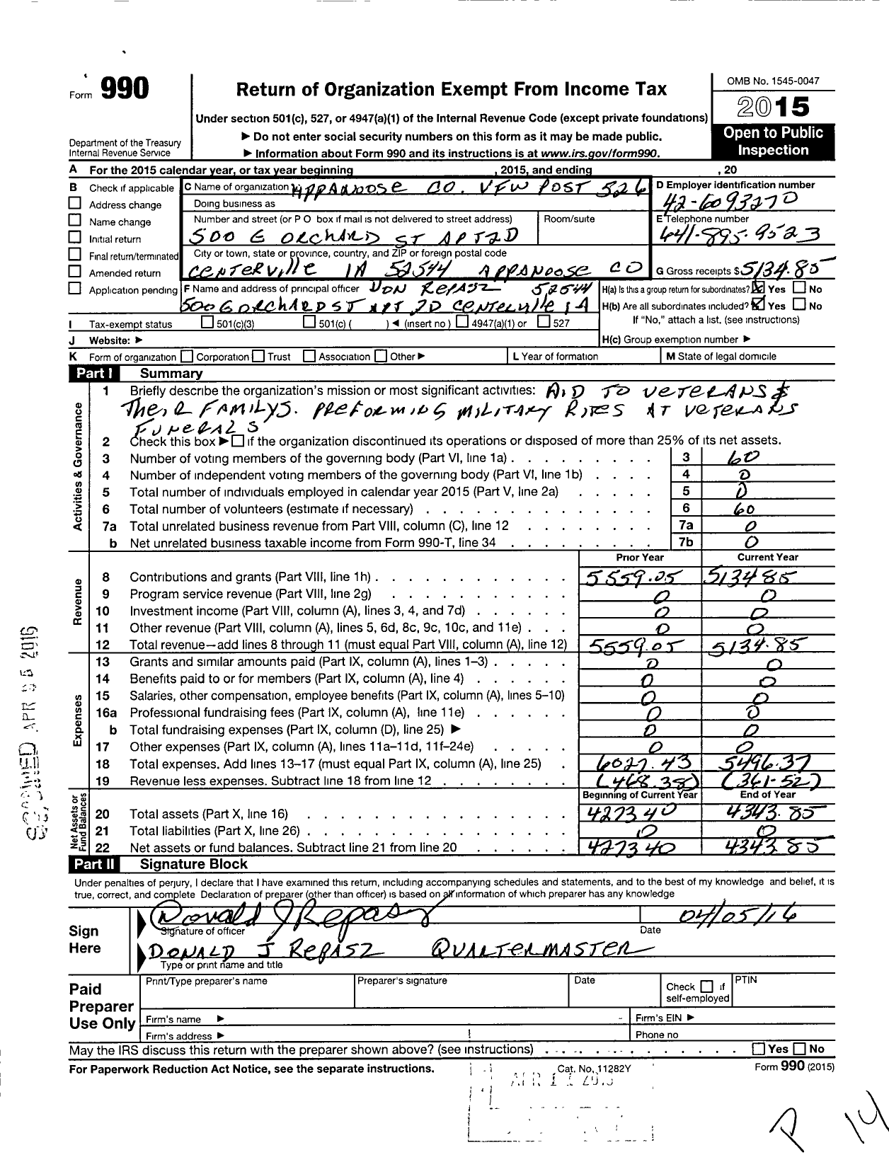 Image of first page of 2015 Form 990O for Veterans of Foreign Wars of the United States Dept of Iowa - 0526 Vfw-Iowa Appanoose County