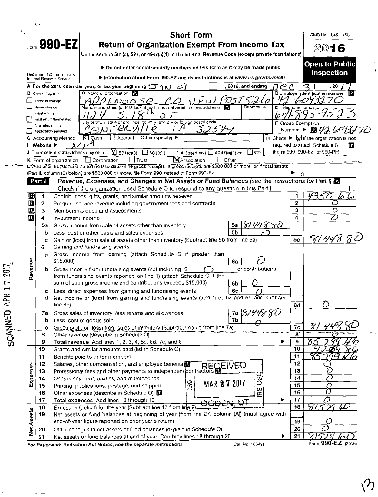 Image of first page of 2017 Form 990EZ for Veterans of Foreign Wars of the United States Dept of Iowa - 0526 Vfw-Iowa Appanoose County