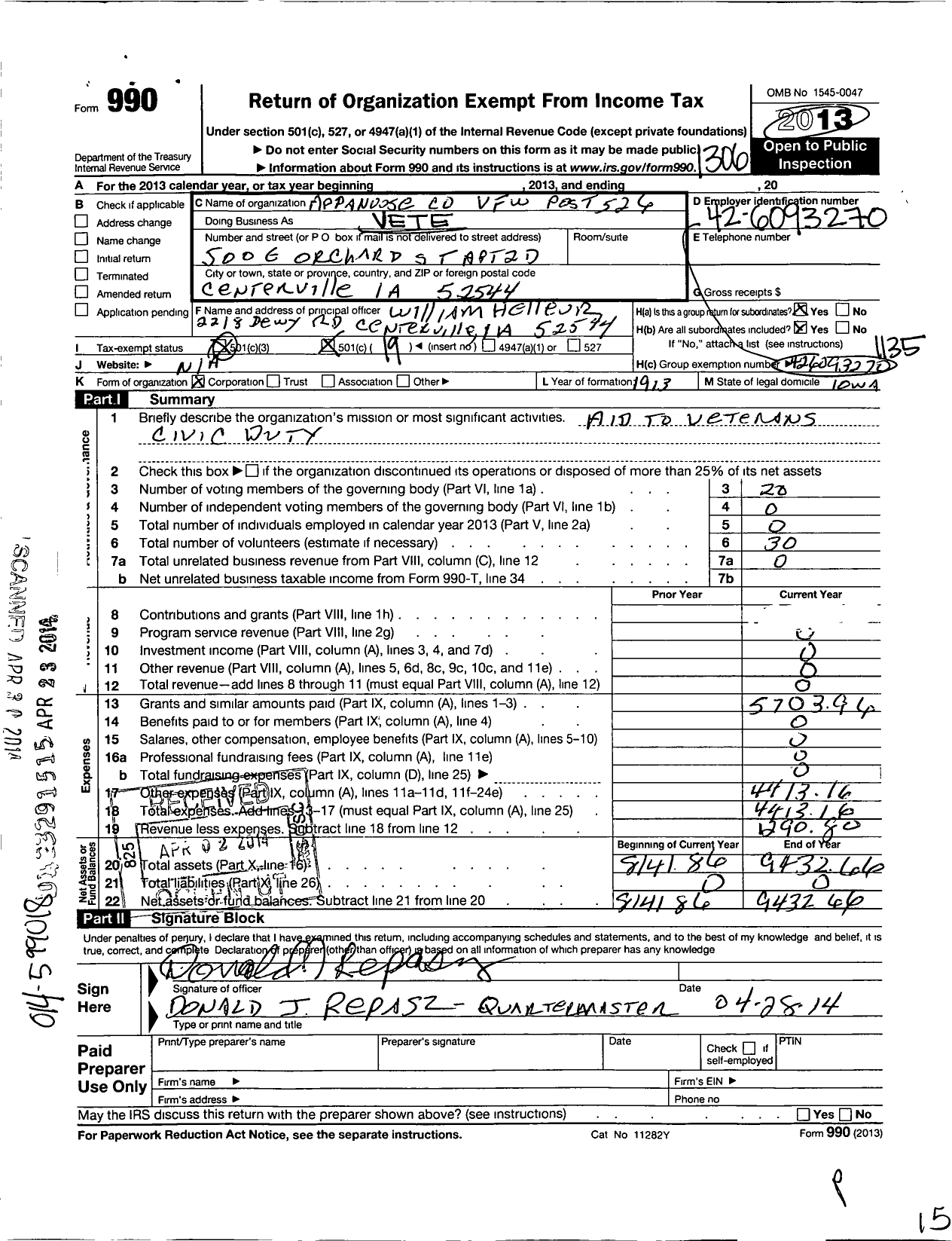 Image of first page of 2012 Form 990O for Veterans of Foreign Wars of the United States Dept of Iowa - 0526 Vfw-Iowa Appanoose County