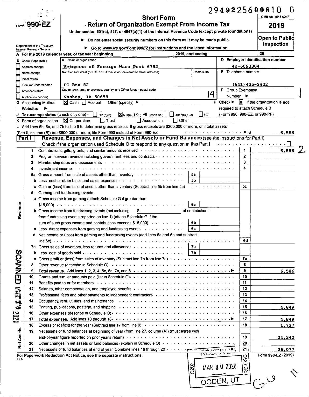 Image of first page of 2019 Form 990EO for Veterans of Foreign Wars of the United States Department of Iowa - 6792 Vfw-Iowa Ralph Nicholson