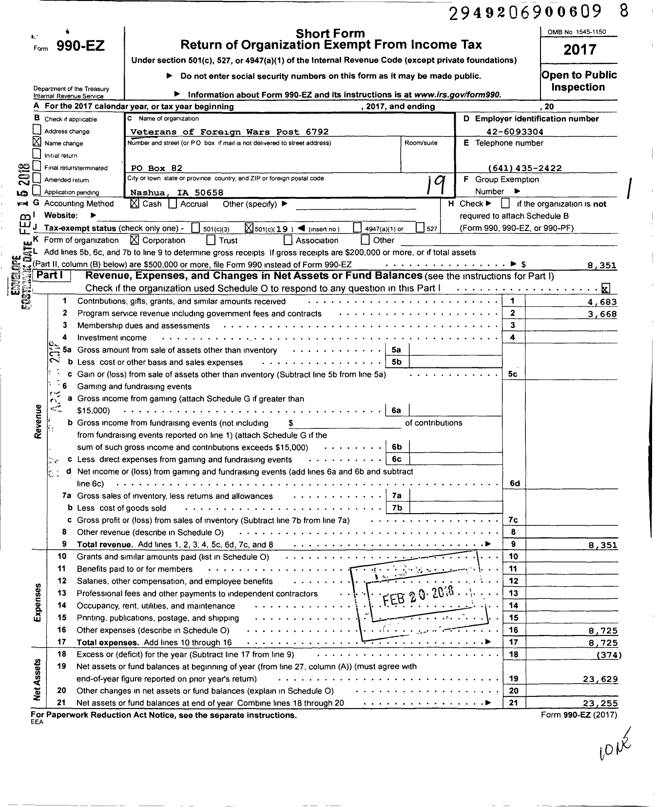 Image of first page of 2017 Form 990EO for Veterans of Foreign Wars of the United States Department of Iowa - 6792 Vfw-Iowa Ralph Nicholson