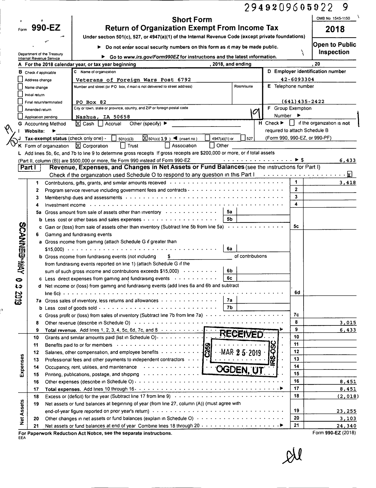 Image of first page of 2018 Form 990EO for Veterans of Foreign Wars of the United States Department of Iowa - 6792 Vfw-Iowa Ralph Nicholson