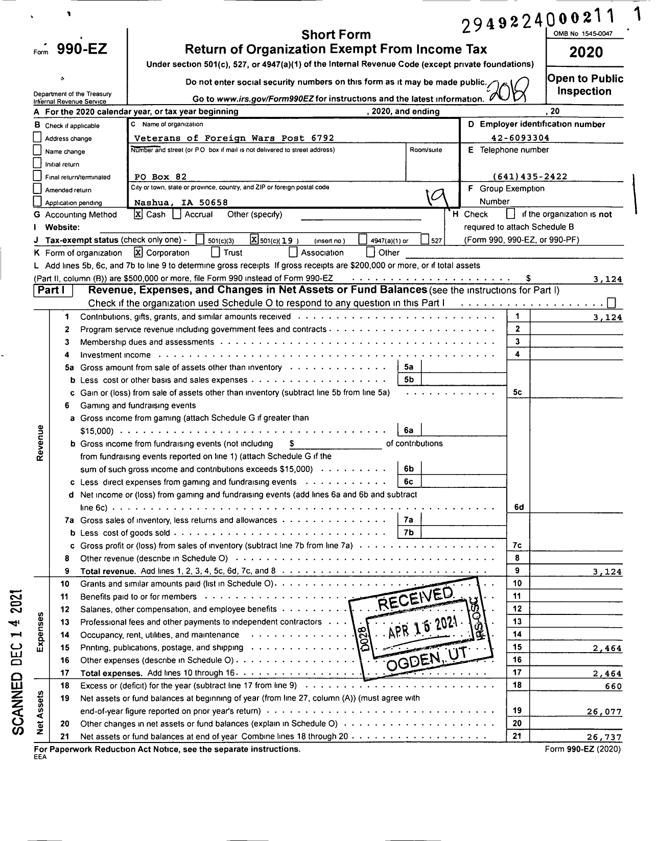 Image of first page of 2020 Form 990EO for Veterans of Foreign Wars of the United States Department of Iowa - 6792 Vfw-Iowa Ralph Nicholson