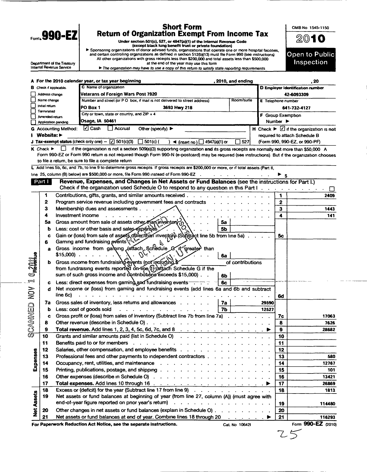 Image of first page of 2010 Form 990EZ for Veterans of Foreign Wars of the United States Dept of Iowa - 7920 VFW Iowa - Osage