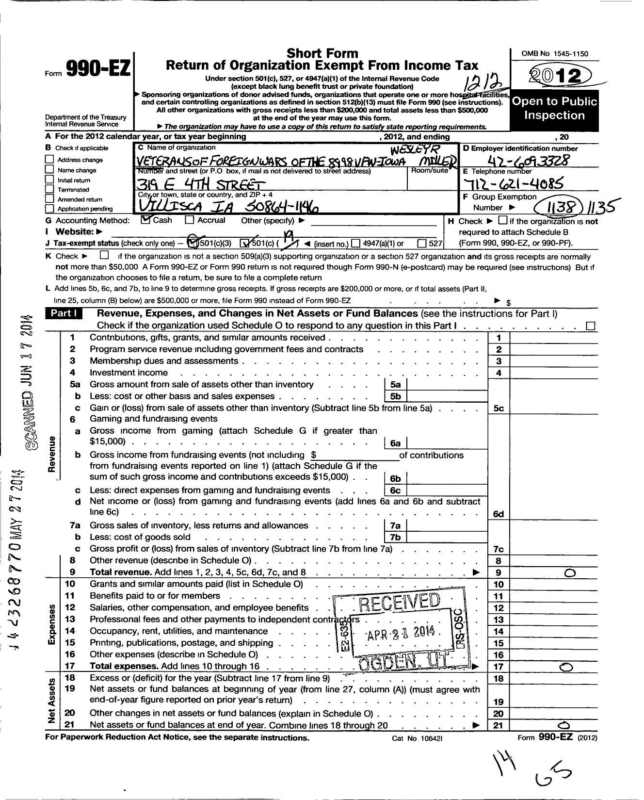 Image of first page of 2012 Form 990EO for Veterans of Foreign Wars of the United States Dept of Iowa - 8998 Vfw-Iowa Wesley R Miller