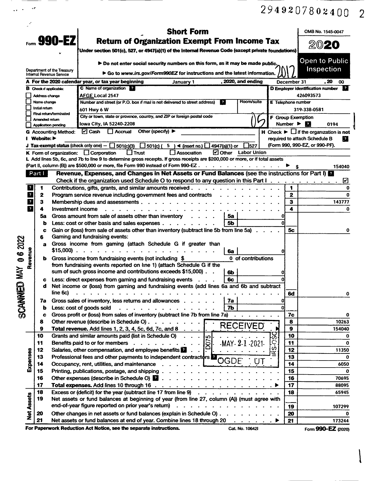 Image of first page of 2020 Form 990EO for AMERICAN FEDERATION OF GOVERNMENT EMPLOYEES - 2547 Afge Va Local