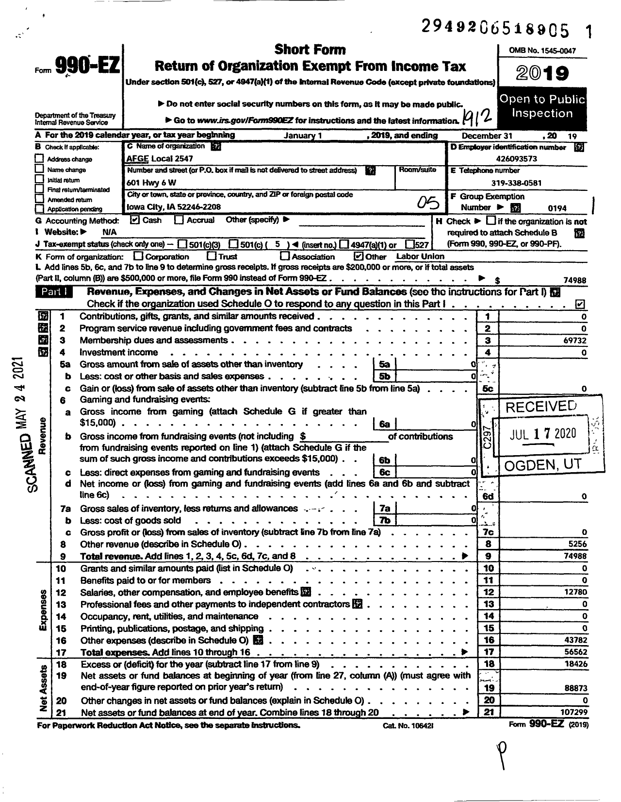 Image of first page of 2019 Form 990EO for AMERICAN FEDERATION OF GOVERNMENT EMPLOYEES - 2547 Afge Va Local