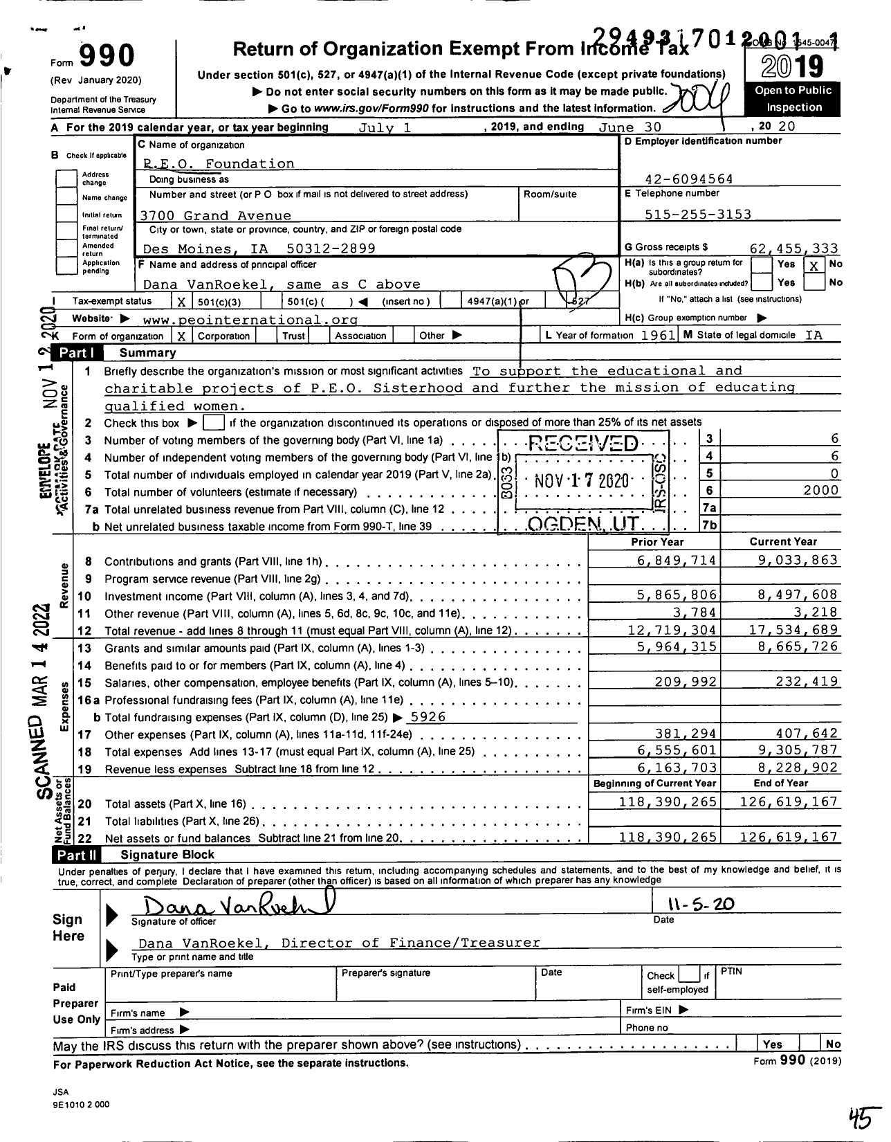 Image of first page of 2019 Form 990 for PEO Foundation