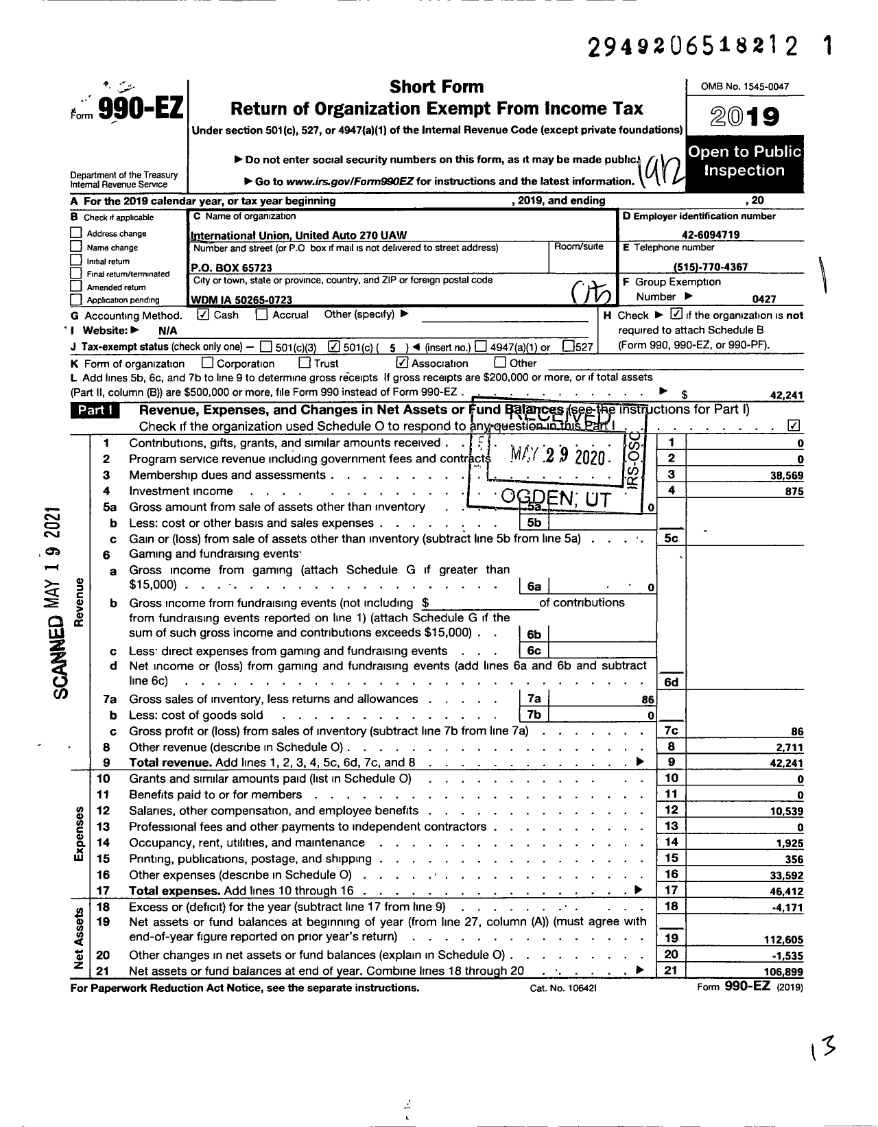 Image of first page of 2019 Form 990EO for Uaw - International Union United Auto Aerospace and Agricultural Workers