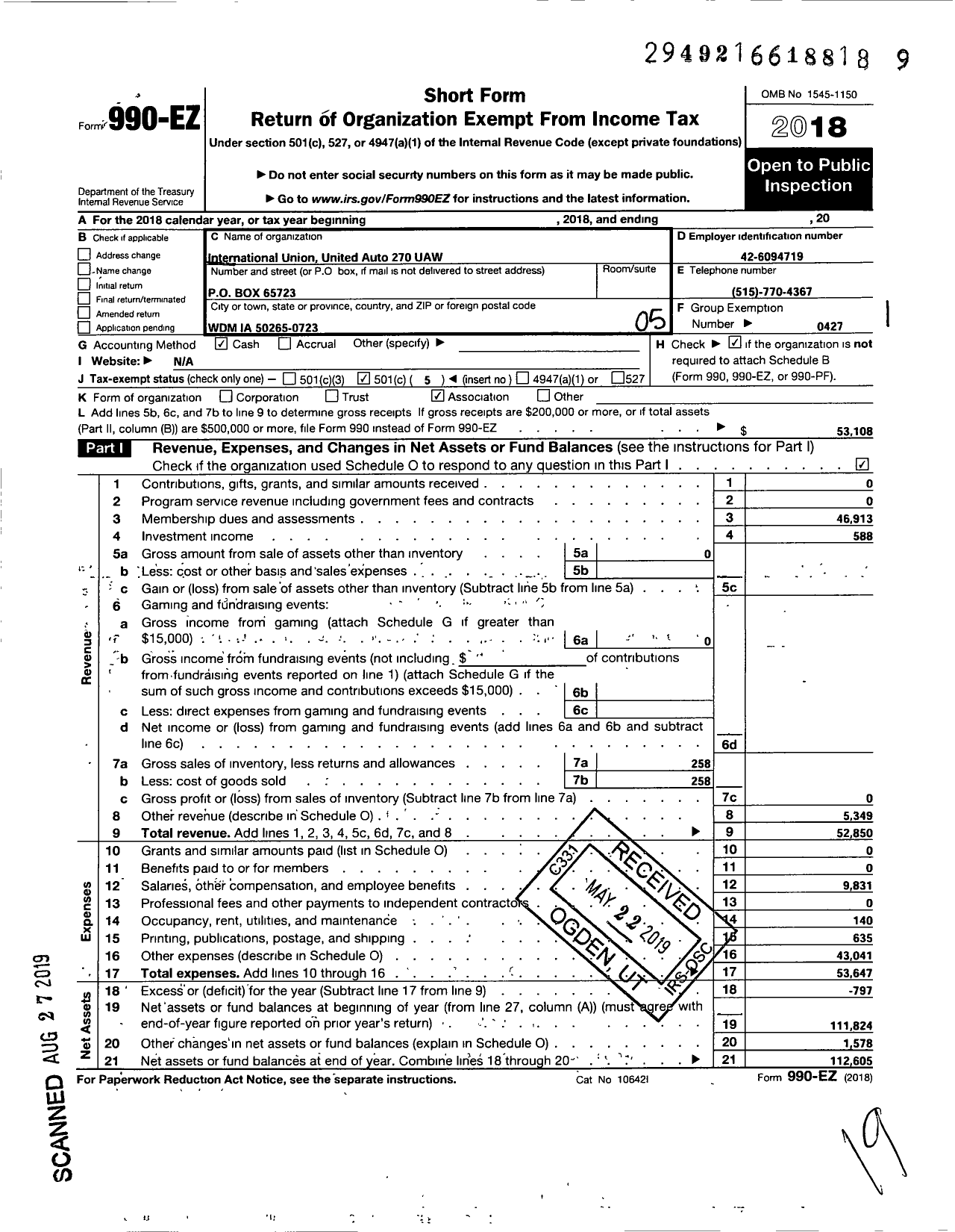 Image of first page of 2018 Form 990EO for Uaw - International Union United Auto Aerospace and Agricultural Workers