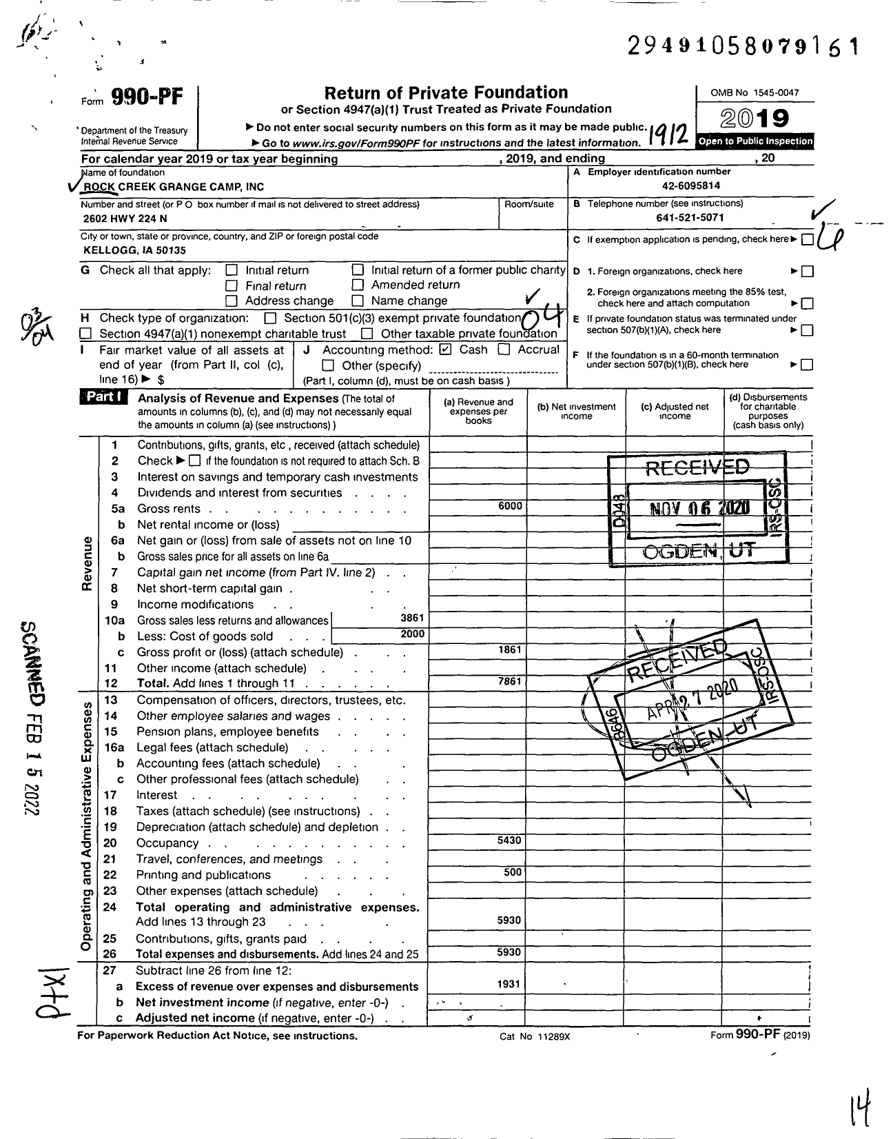 Image of first page of 2019 Form 990PF for Rock Creek Grange Camp