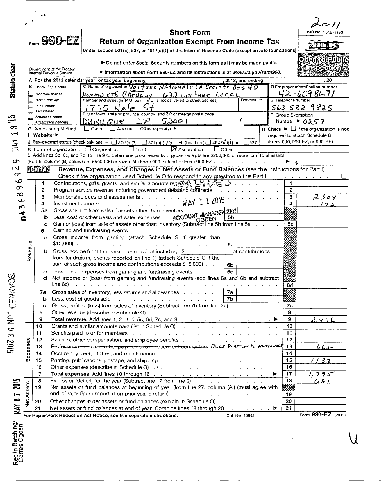 Image of first page of 2011 Form 990EO for Voiture Nationale La Societe Des 40 Hommes Et 8 Chevaux