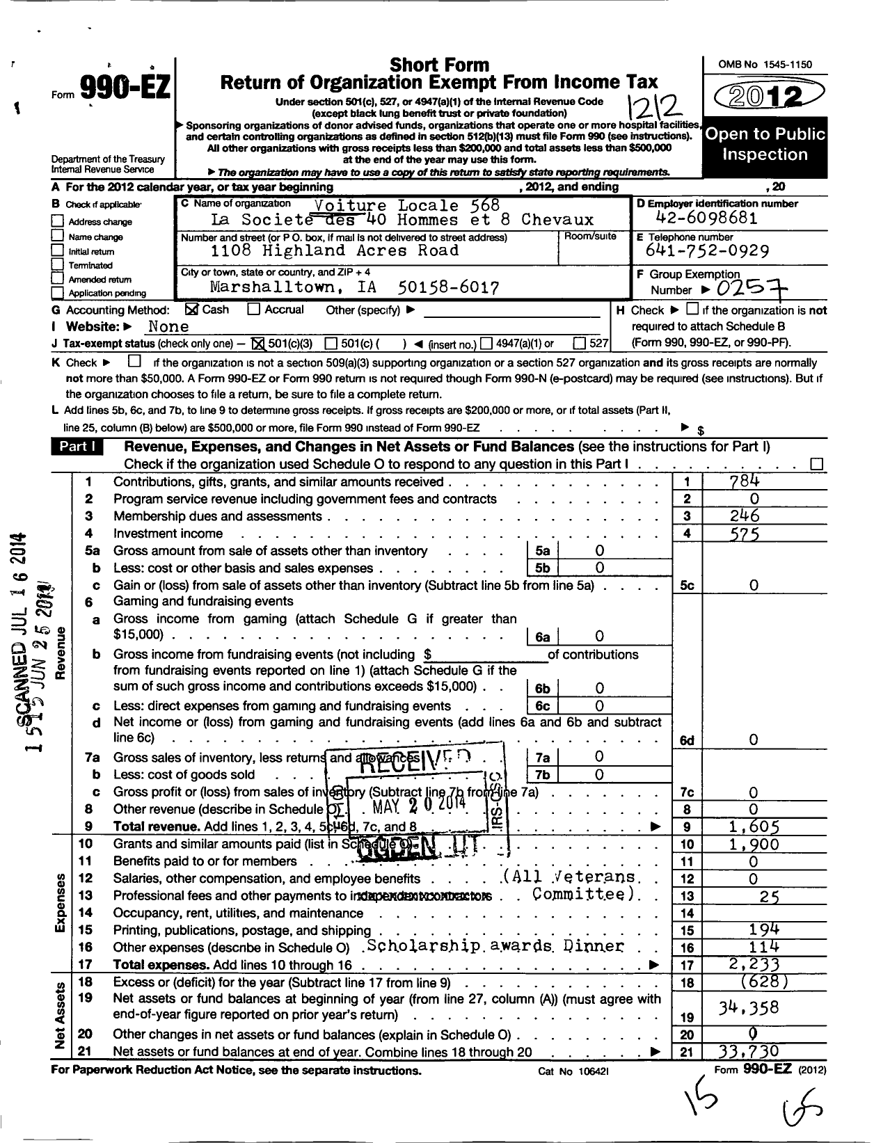 Image of first page of 2012 Form 990EZ for The Forty and Eight - 568 Voiture Locale