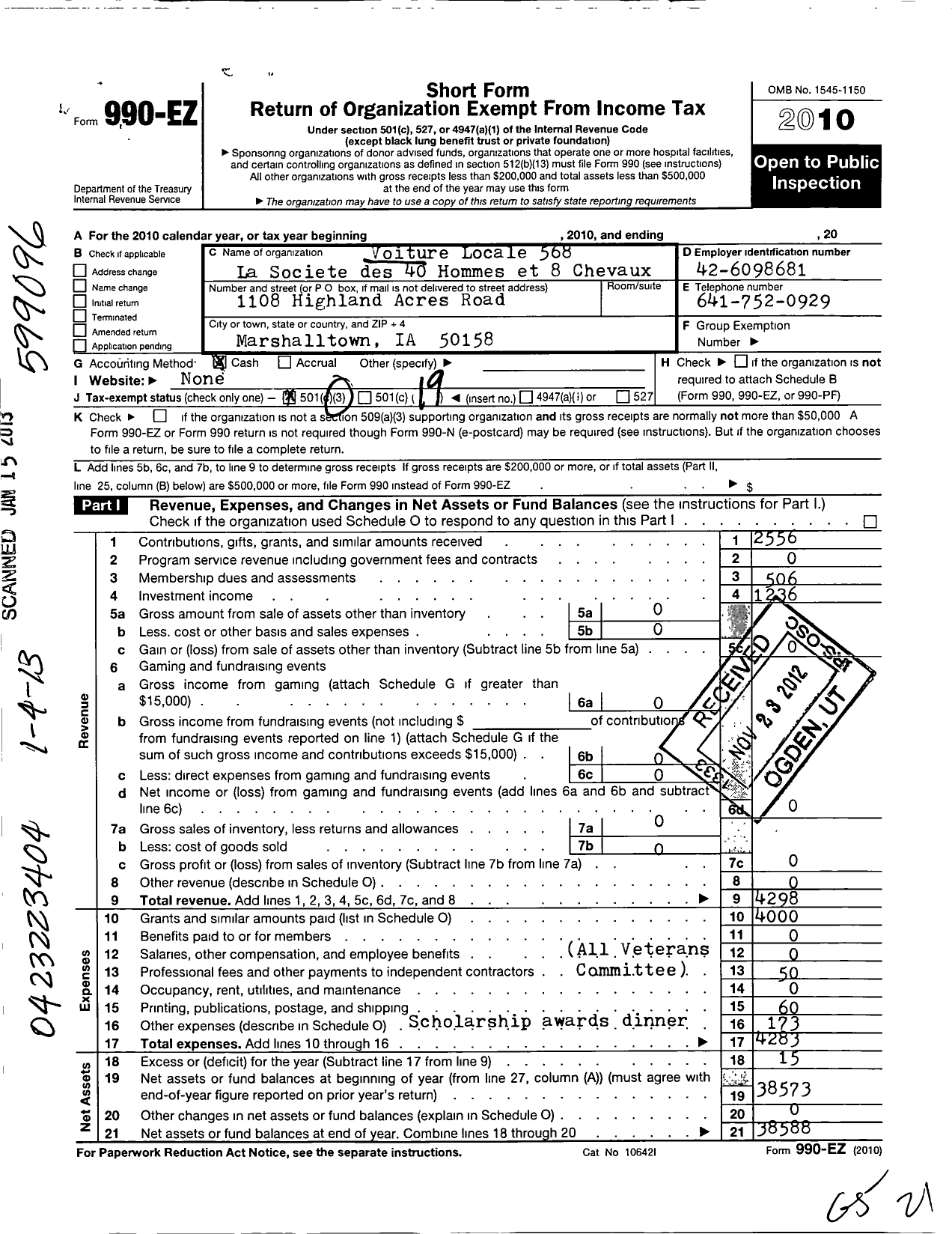 Image of first page of 2010 Form 990EO for The Forty and Eight - 568 Voiture Locale