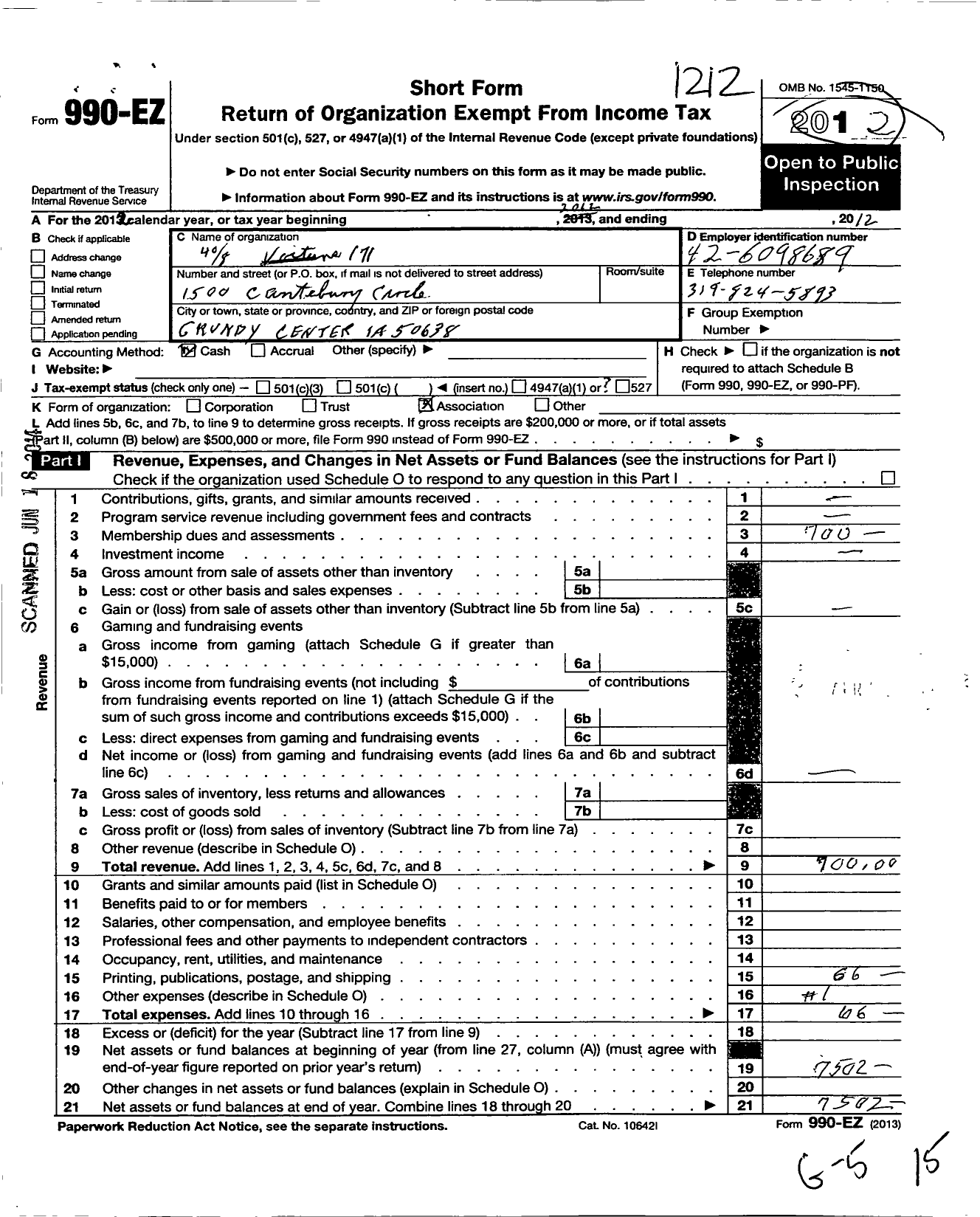 Image of first page of 2012 Form 990EO for The Forty and Eight - 171 Voiture Locale