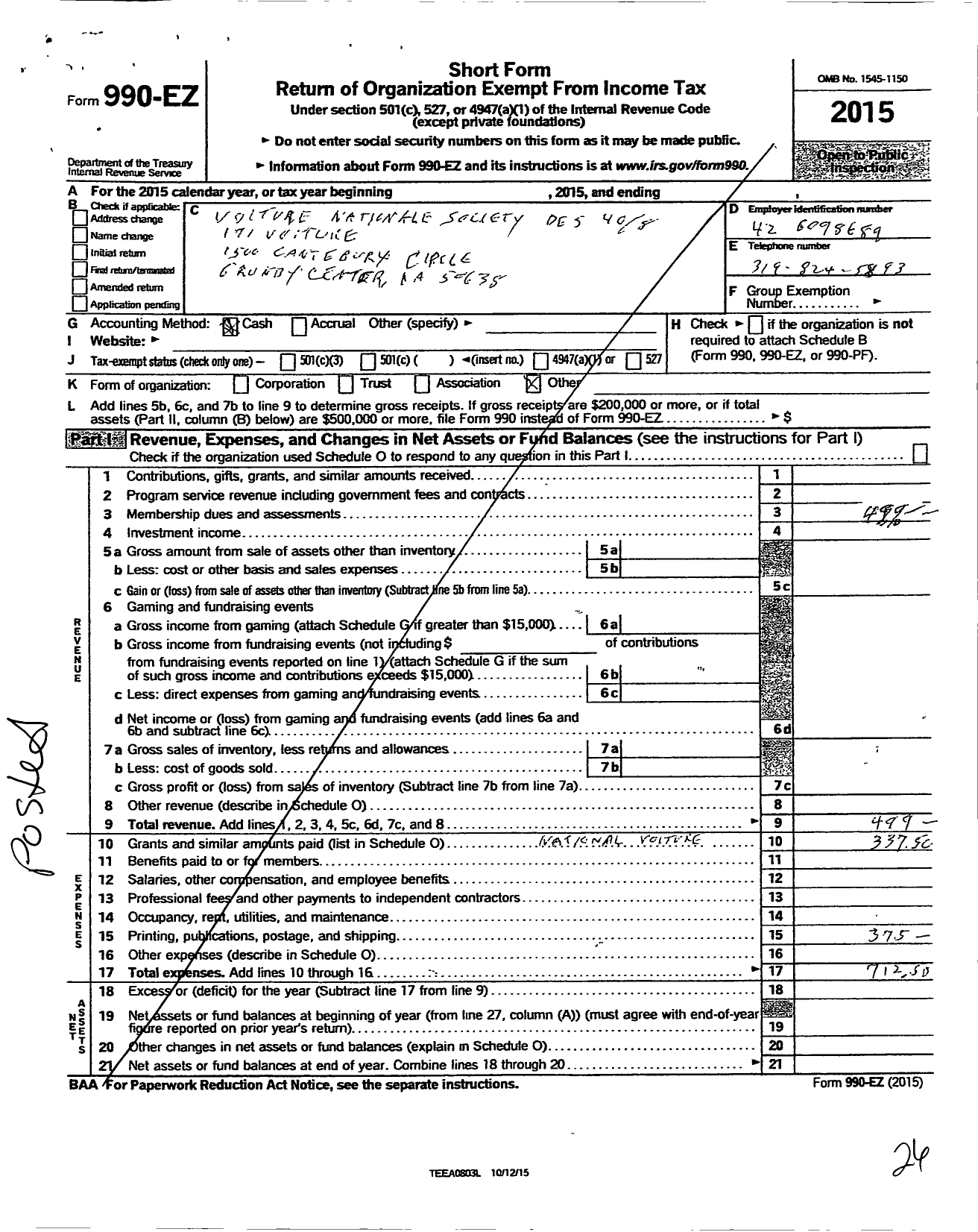 Image of first page of 2015 Form 990EO for The Forty and Eight - 171 Voiture Locale