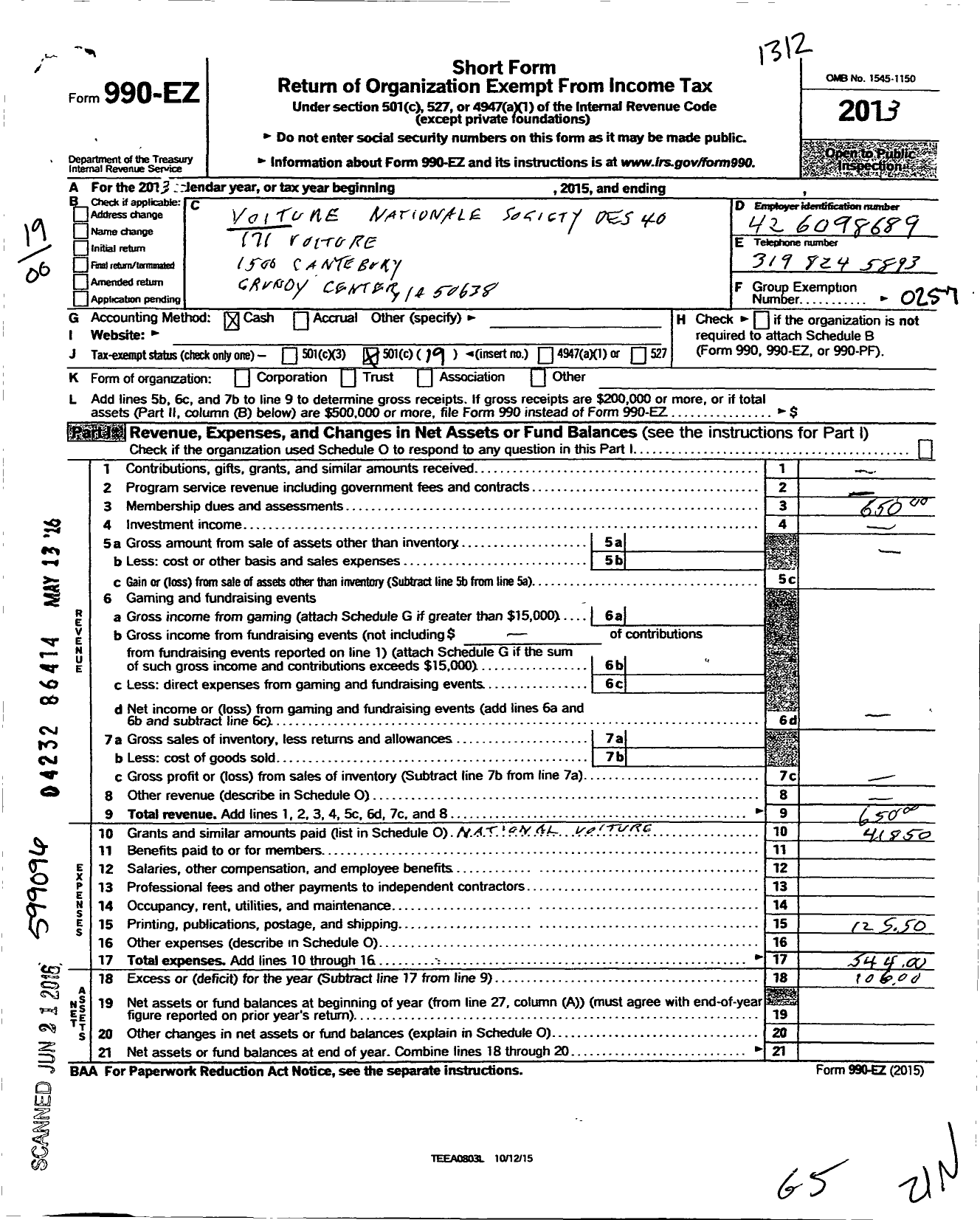 Image of first page of 2013 Form 990EO for The Forty and Eight - 171 Voiture Locale