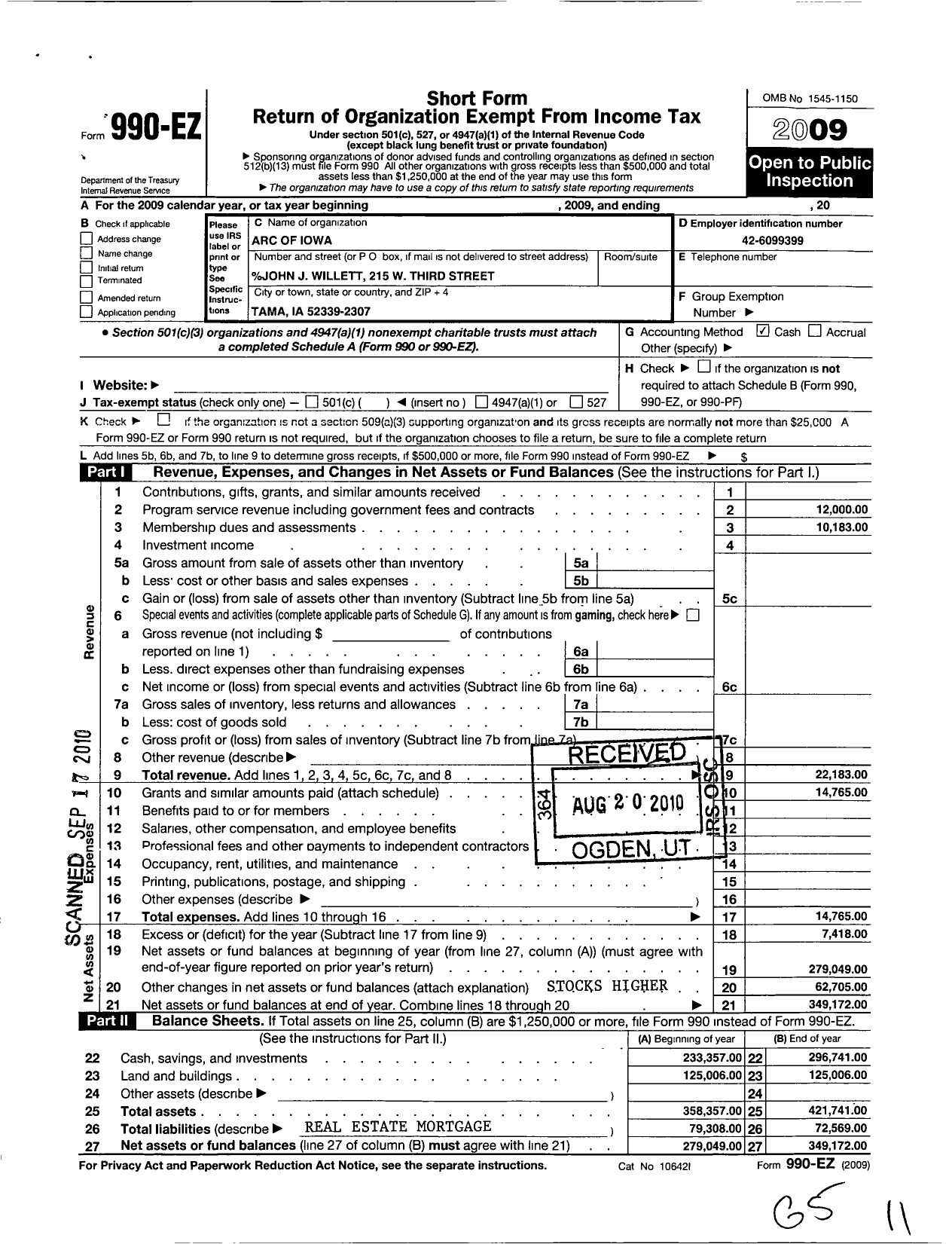 Image of first page of 2009 Form 990EO for Arc of Iowa - 0863 Tama County