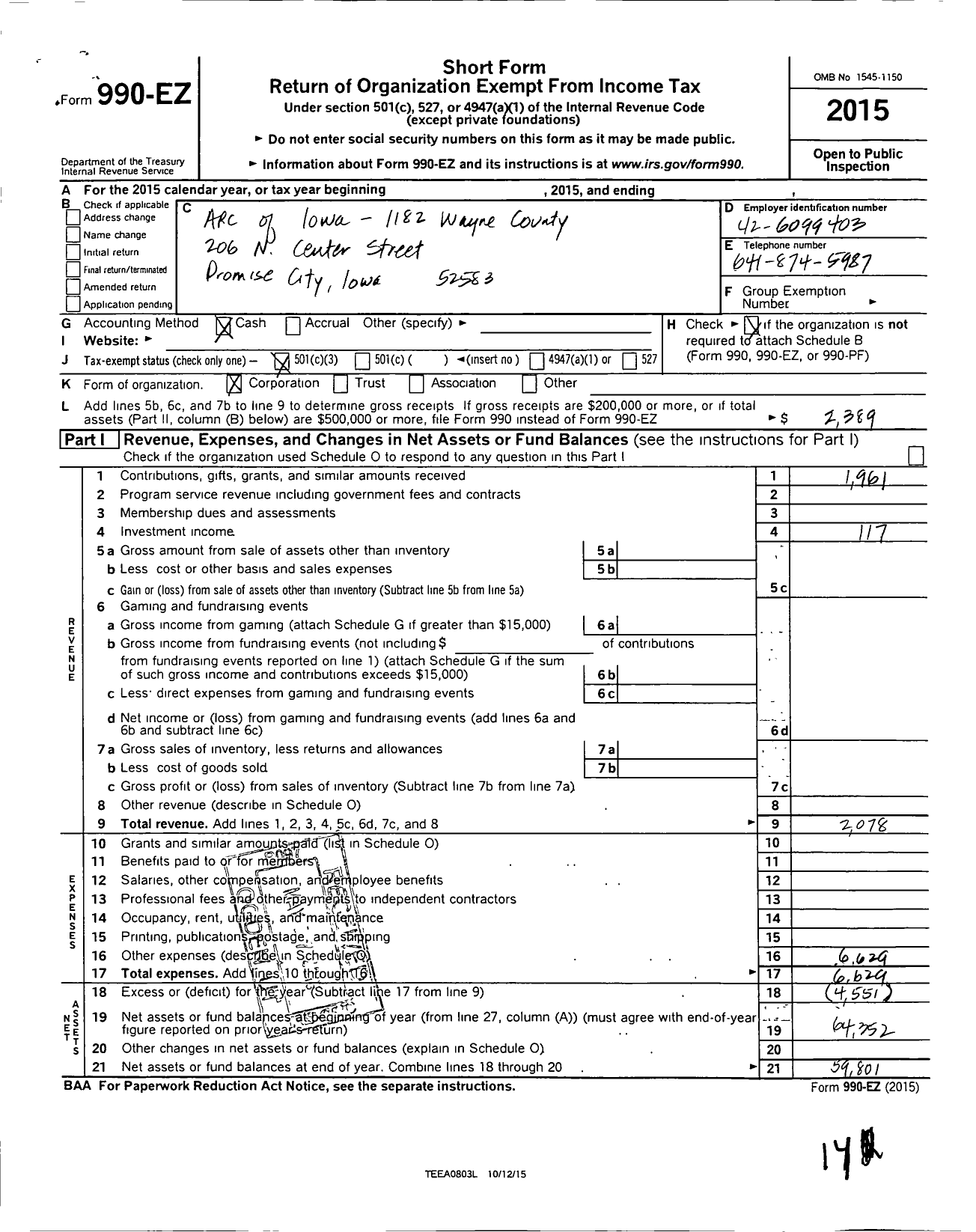 Image of first page of 2015 Form 990EZ for ARC OF IOWA - 1182 wayne county