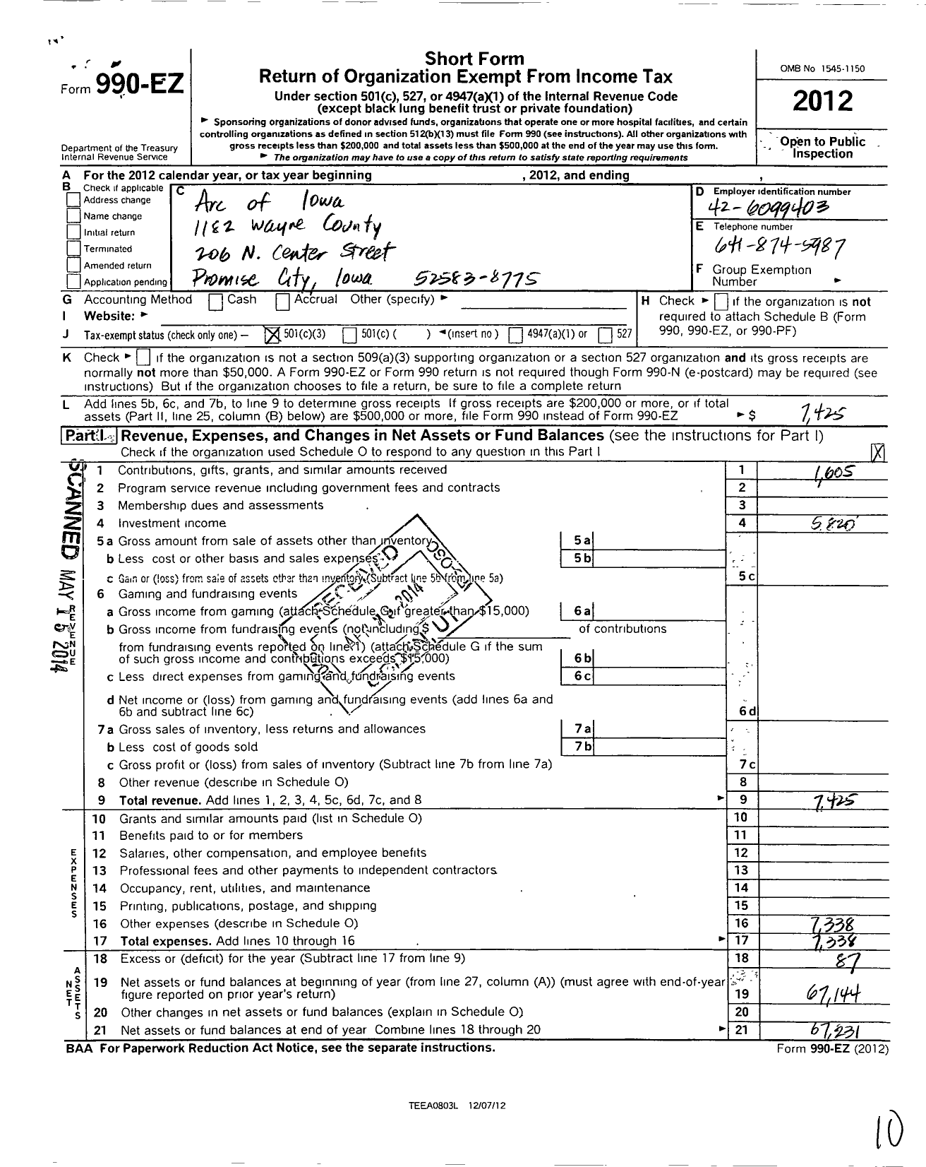 Image of first page of 2012 Form 990EZ for ARC OF IOWA - 1182 wayne county