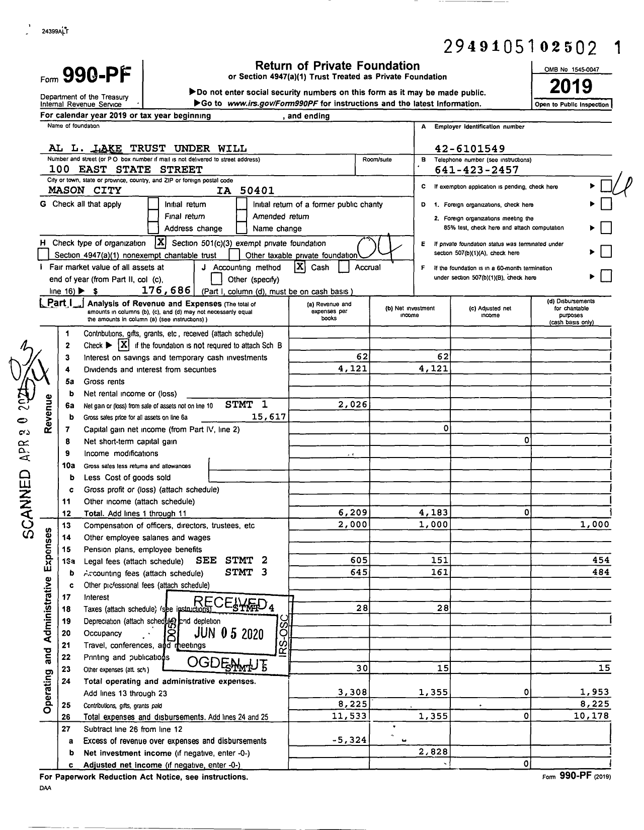 Image of first page of 2019 Form 990PF for Al A Lake Trust W 3cb537000 Norwest Bank of Des Moines Na Ttee