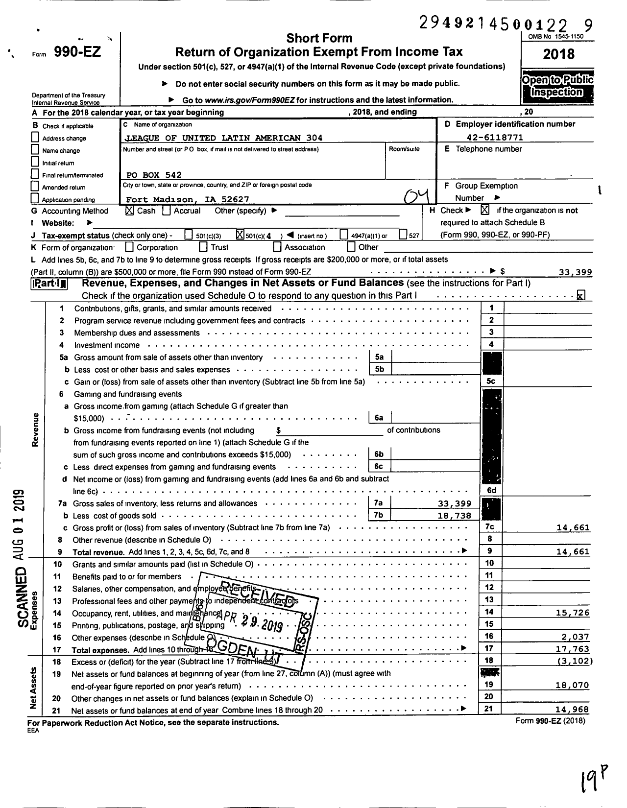 Image of first page of 2018 Form 990EO for League of United Latin American Citizens - 304 Council